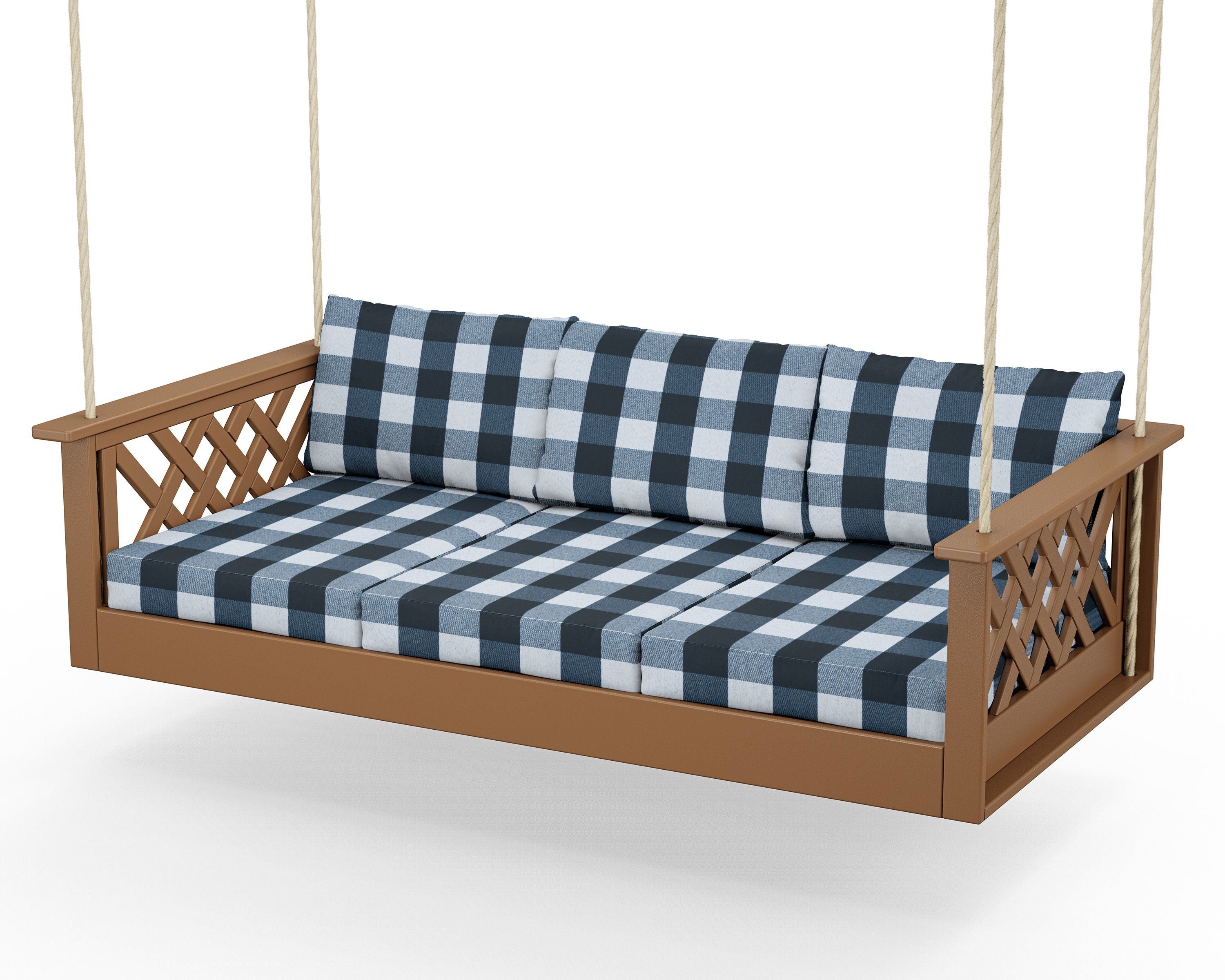 Country Living Wovendale Daybed Swing in Teak / Buffalo Plaid Marine Indigo