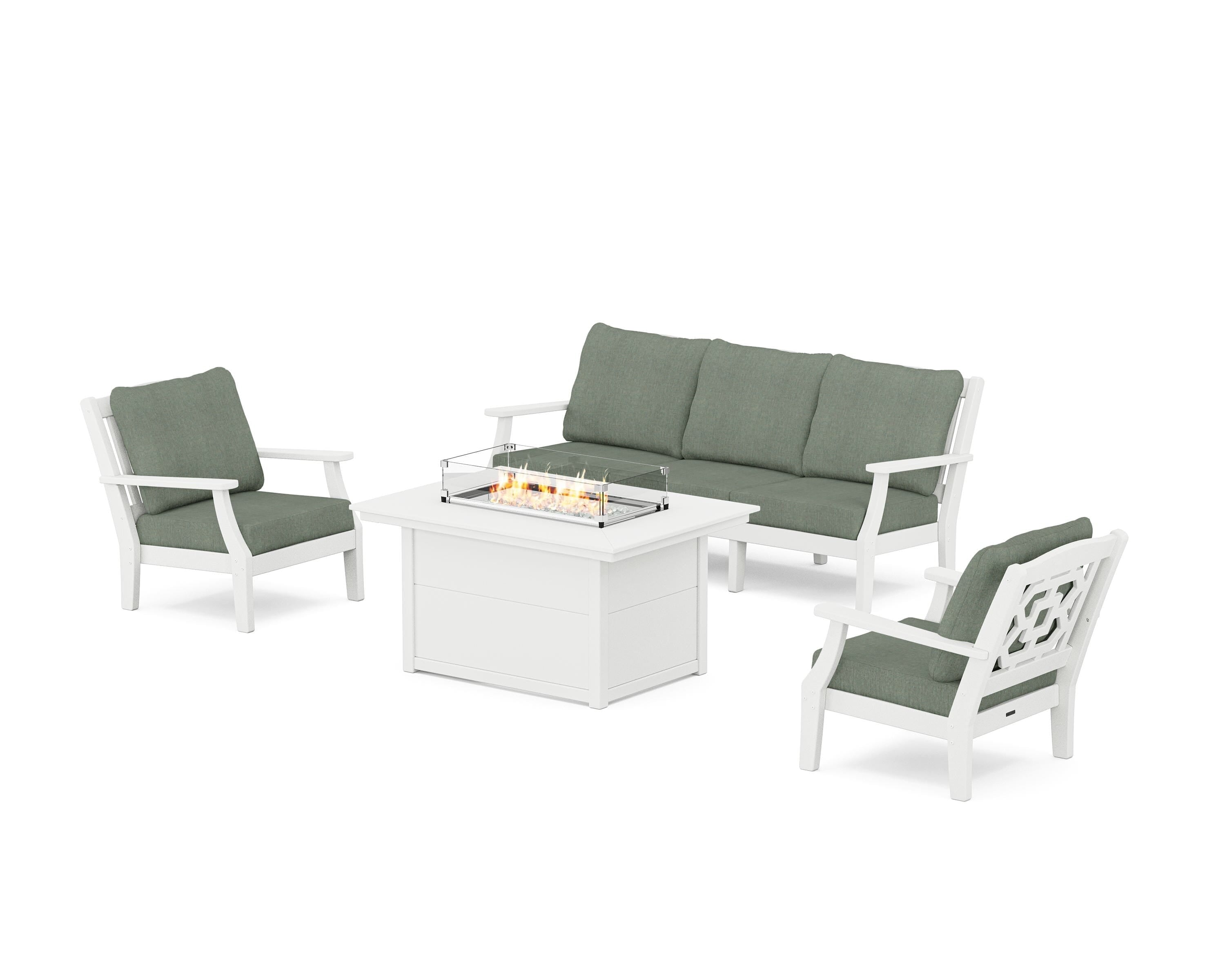 Martha Stewart by POLYWOOD® Chinoiserie Deep Seating Fire Pit Table Set in White / Cast Sage