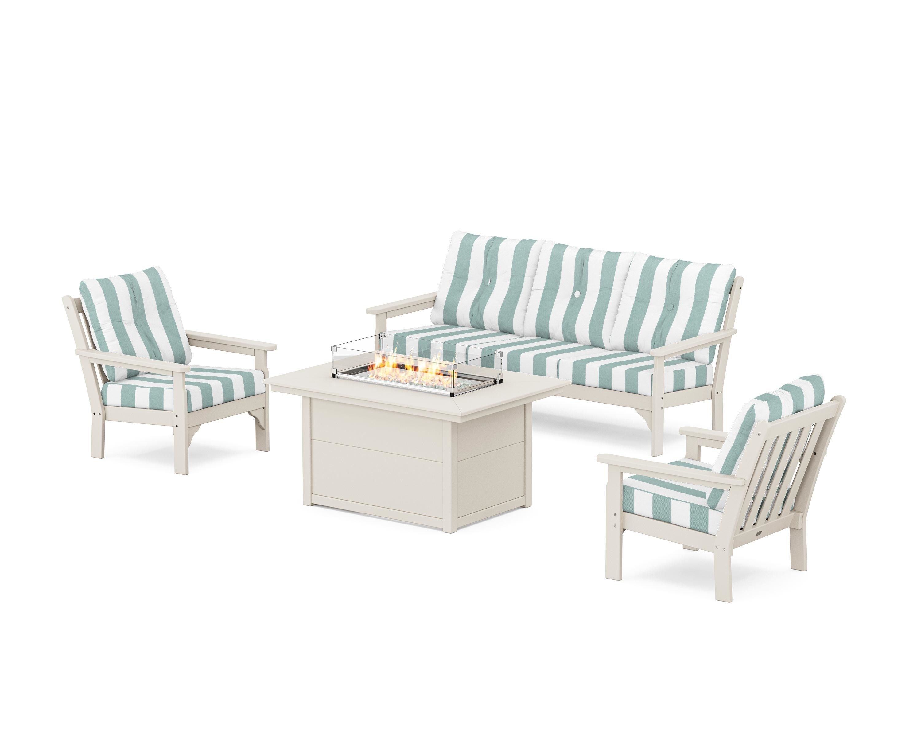 POLYWOOD® Vineyard Deep Seating Fire Pit Table Set in Sand / Cabana Stripe Glacier Spa
