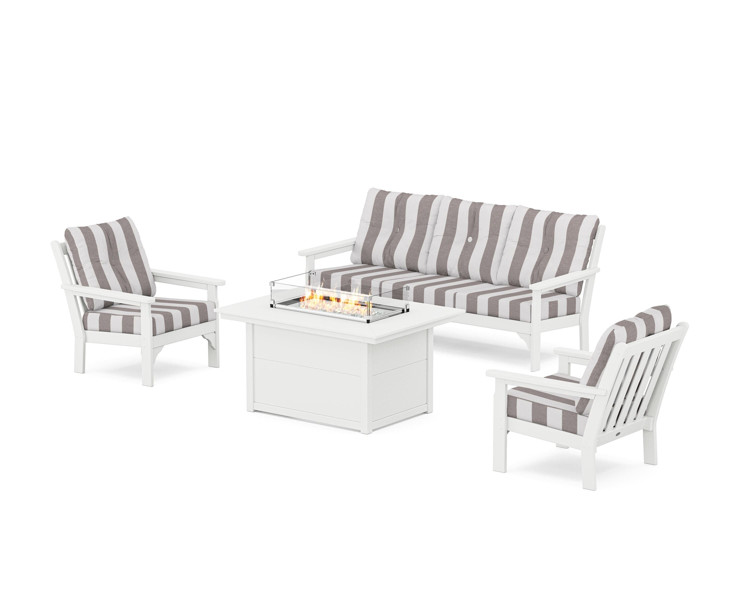 POLYWOOD® Vineyard Deep Seating Fire Pit Table Set in White / Cabana Stripe Grey Mist