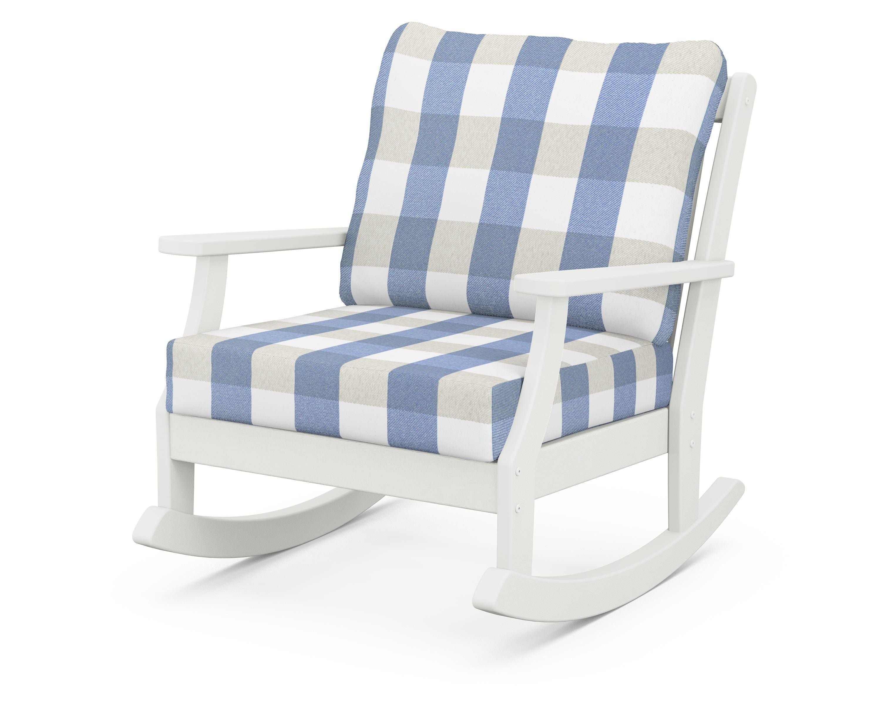 POLYWOOD® Braxton Deep Seating Rocking Chair in Vintage White / Buffalo Plaid Sky Blue