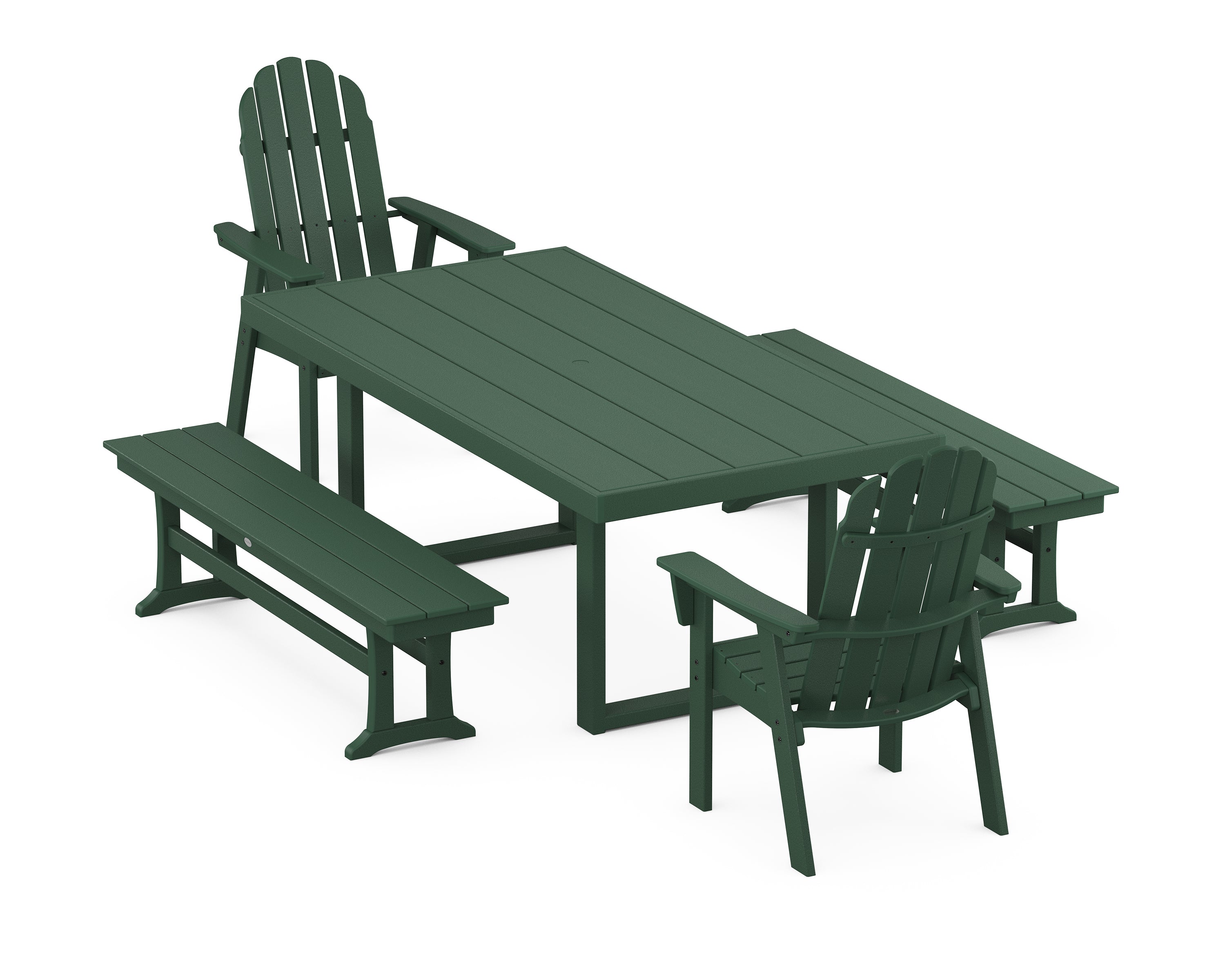POLYWOOD® Vineyard Adirondack 5-Piece Dining Set with Benches in Green