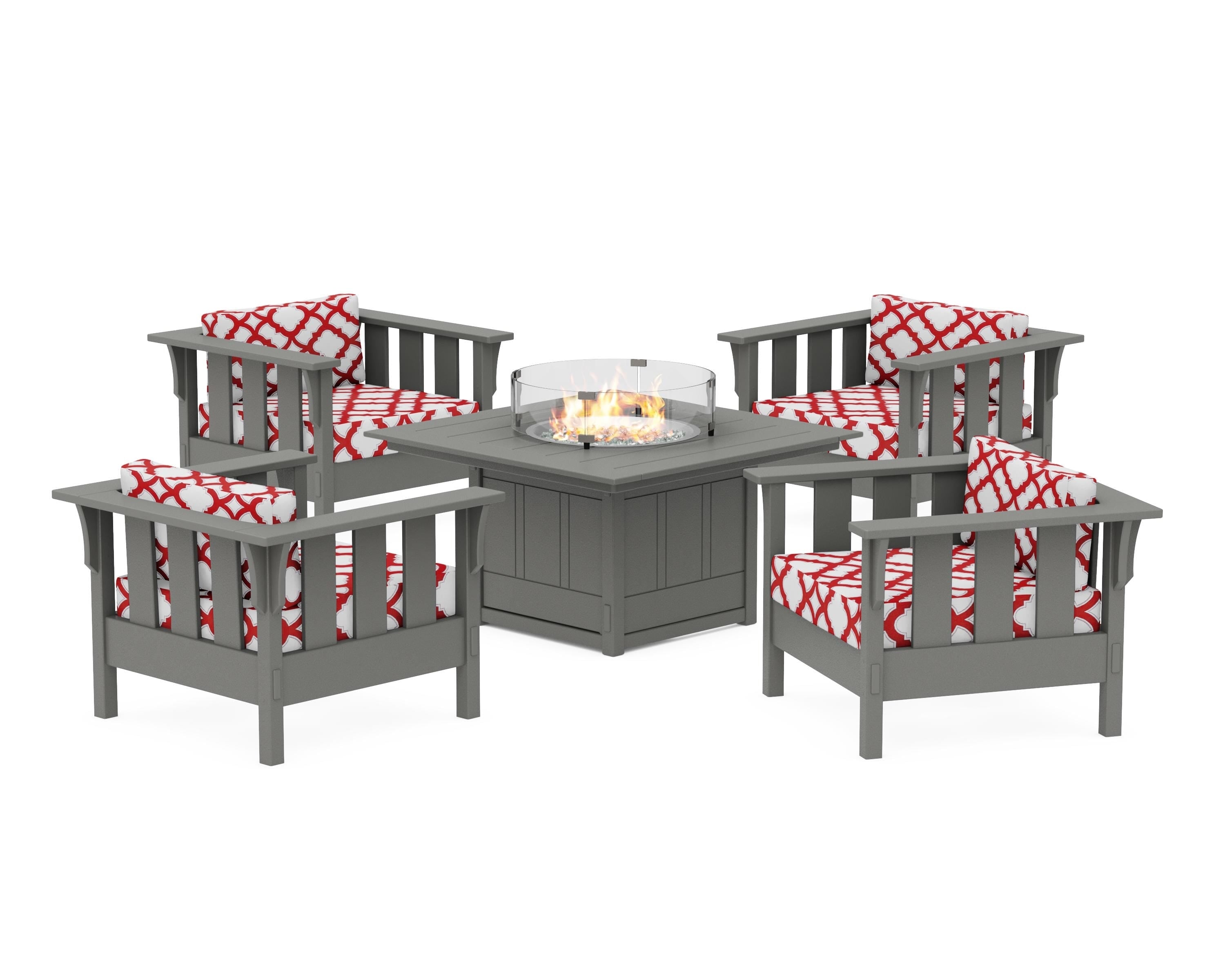 Martha Stewart by POLYWOOD® Acadia 5-Piece Deep Seating Set with Fire Pit Table in Slate Grey / Trellis Crimson