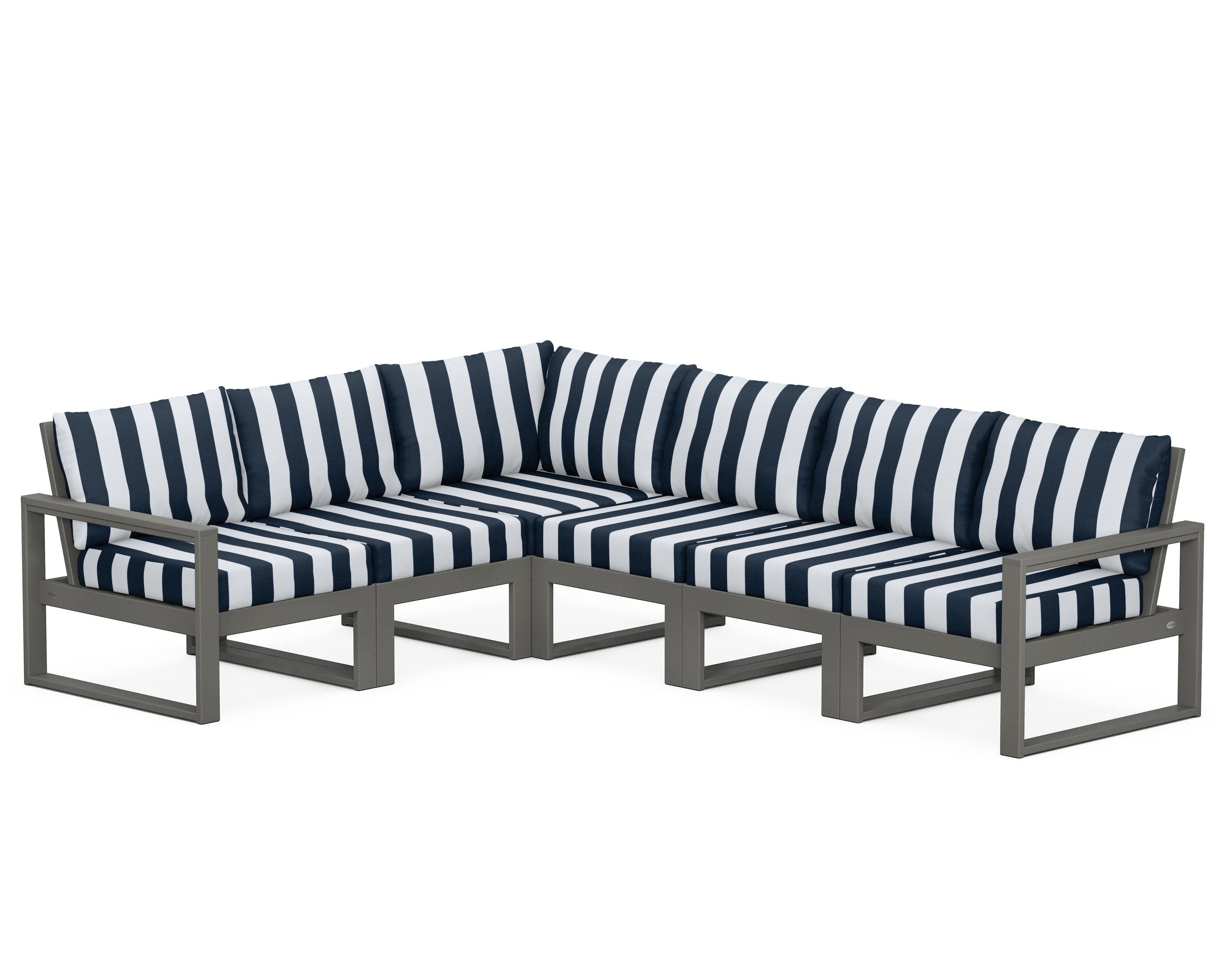 POLYWOOD® EDGE 6-Piece Modular Deep Seating Set in Slate Grey / Cabana Stripe Marine Indigo
