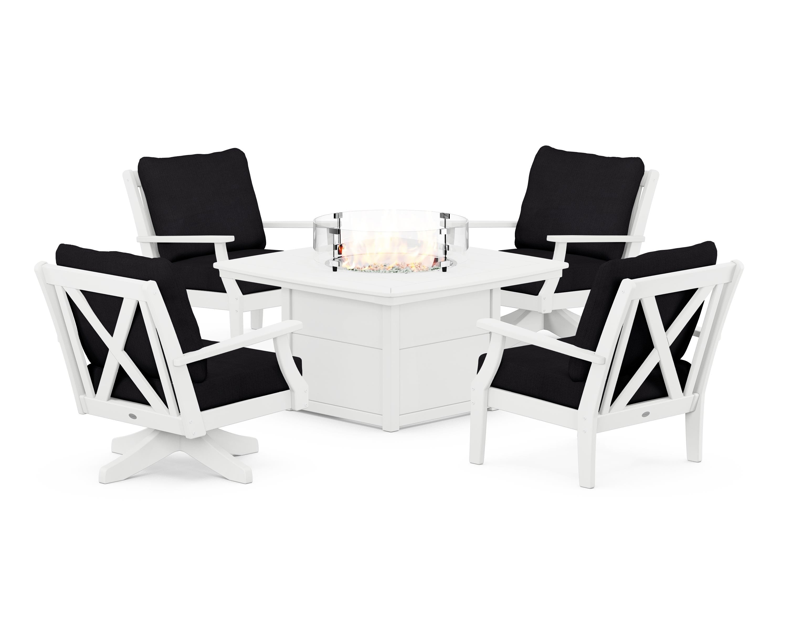 POLYWOOD® Braxton 5-Piece Deep Seating Set with Fire Table in White / Midnight Linen