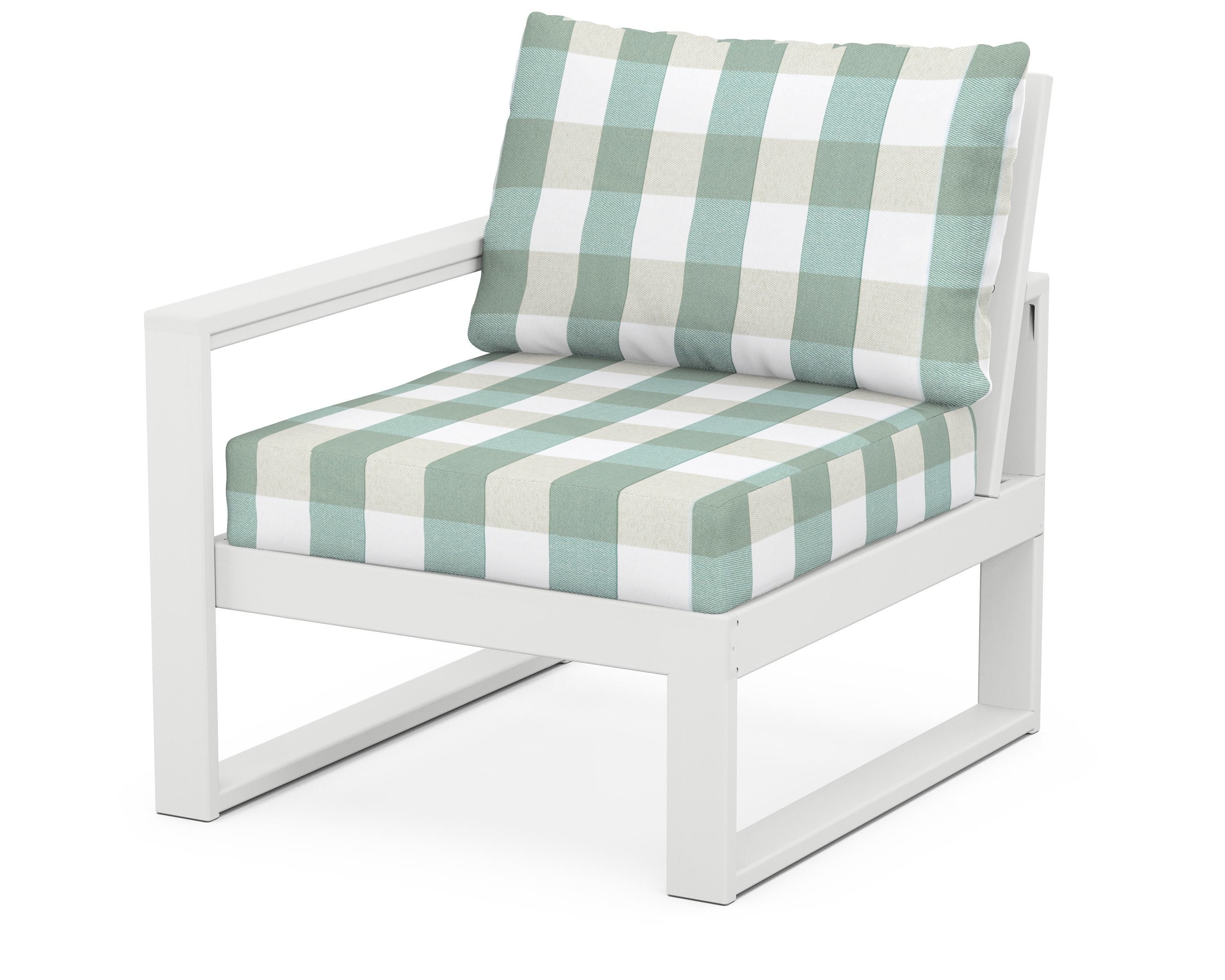 POLYWOOD® EDGE Modular Left Arm Chair in White / Buffalo Plaid Glacier Spa
