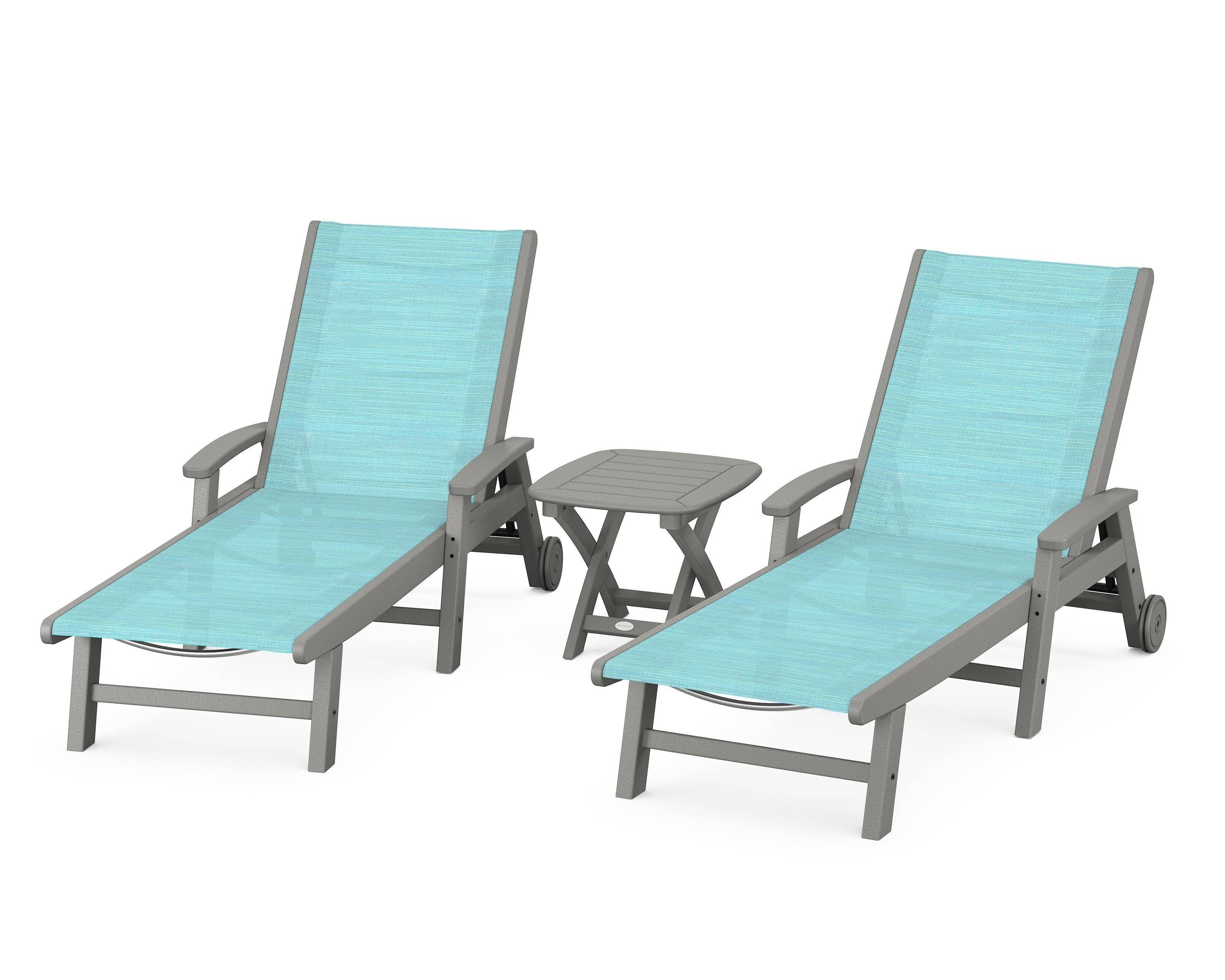 POLYWOOD® Coastal 3-Piece Wheeled Chaise Set in Slate Grey / Dupioni Aquamarine Sling