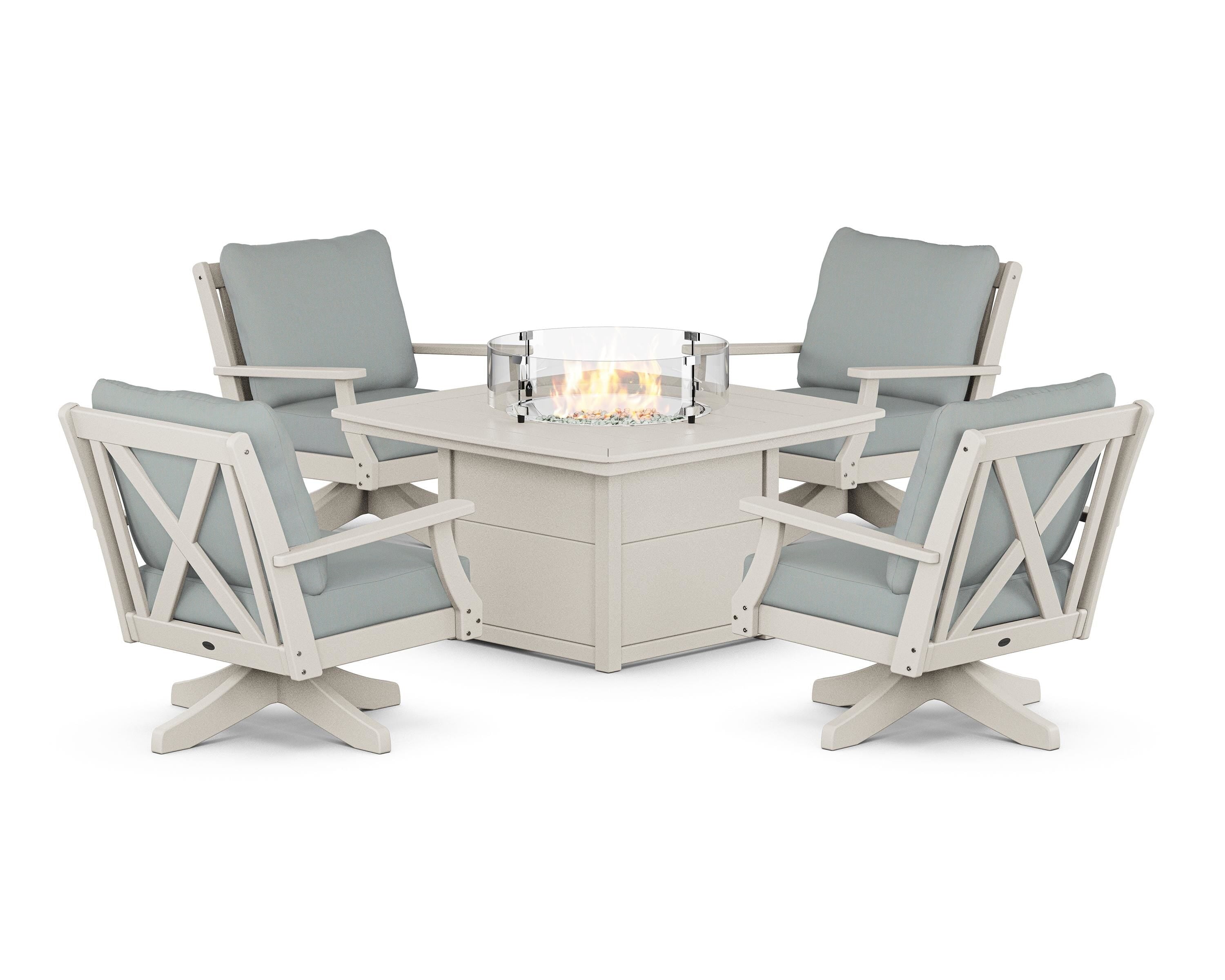 POLYWOOD® Braxton 5-Piece Deep Seating Swivel Conversation Set with Fire Pit Table in Sand / Spa