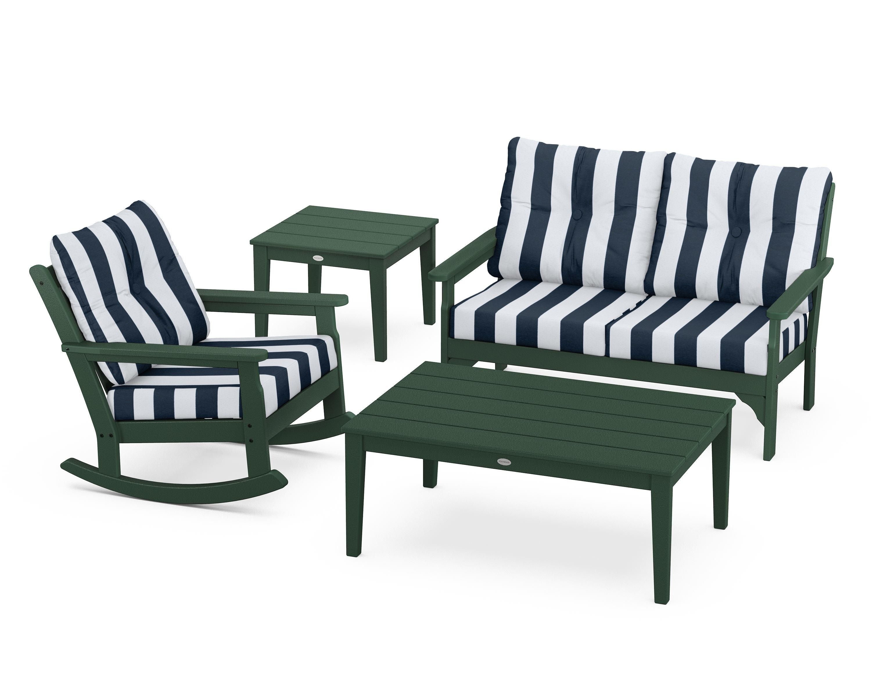 POLYWOOD® Vineyard 4-Piece Deep Seating Rocker Set in Green / Cabana Stripe Marine Indigo