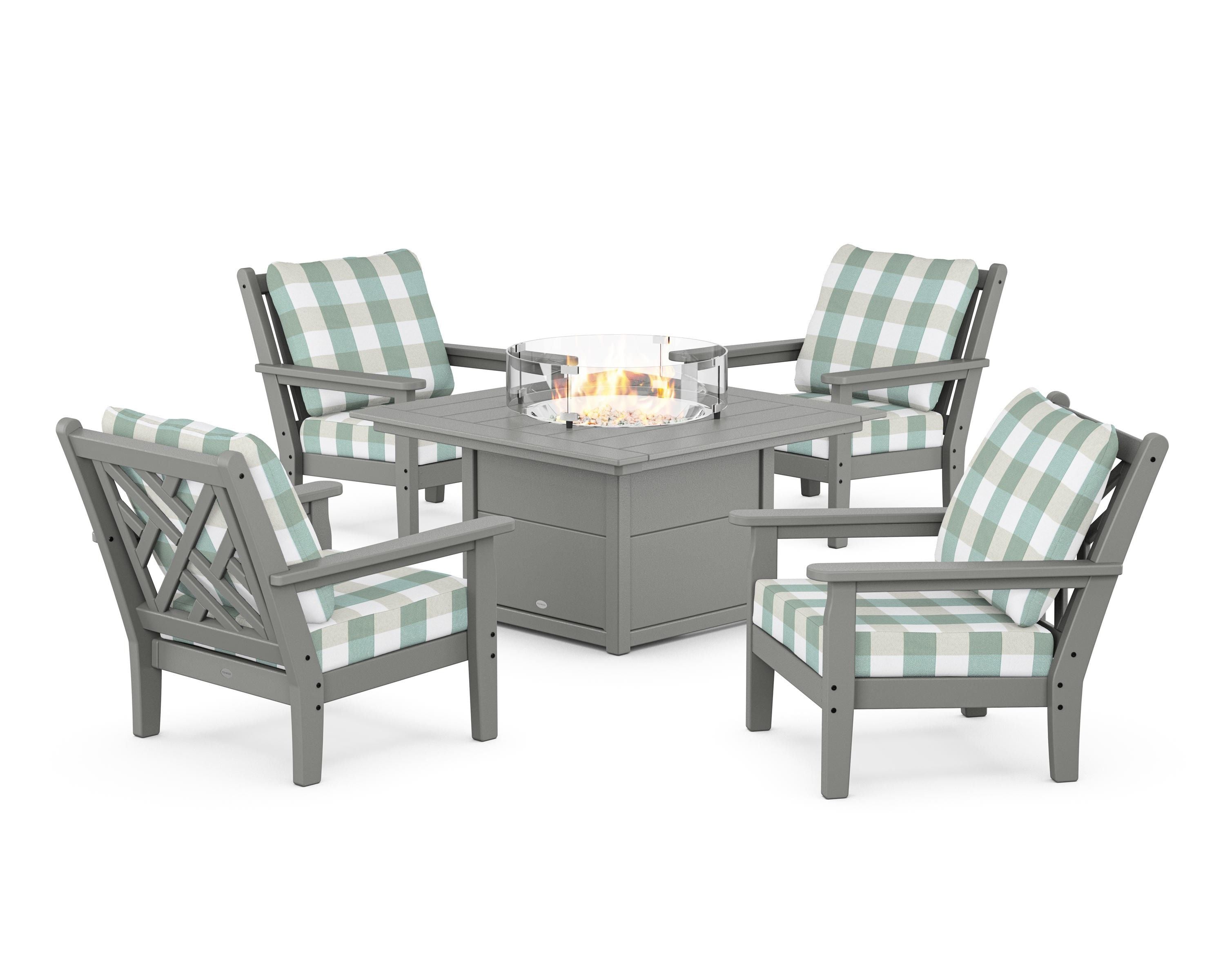 POLYWOOD® Chippendale 5-Piece Deep Seating Set with Fire Pit Table in Slate Grey / Buffalo Plaid Glacier Spa
