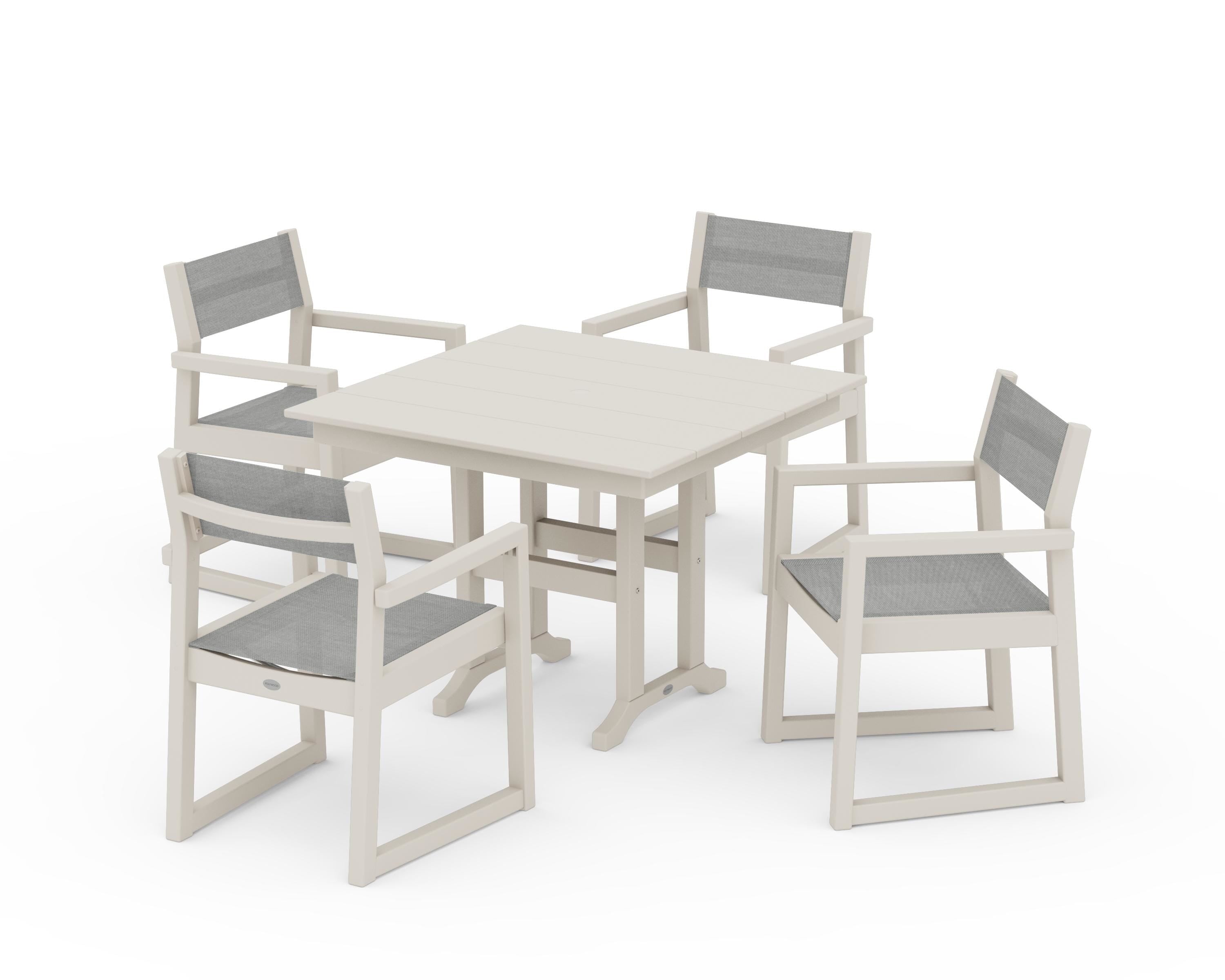 POLYWOOD® EDGE Sling Arm Chair 5-Piece Farmhouse Dining Set in Sand / Metallic Sling