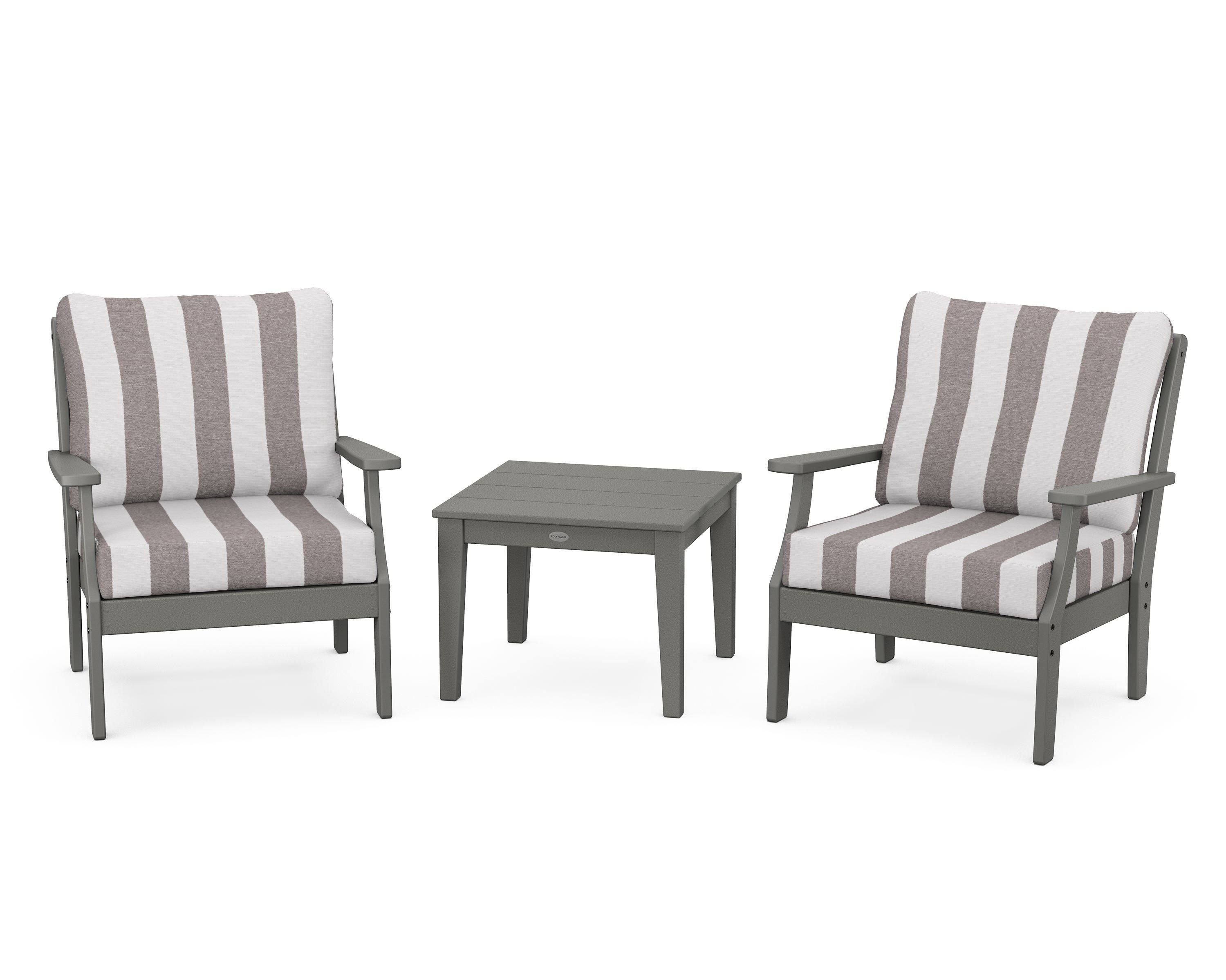 POLYWOOD® Braxton 3-Piece Deep Seating Set in Slate Grey / Cabana Stripe Grey Mist
