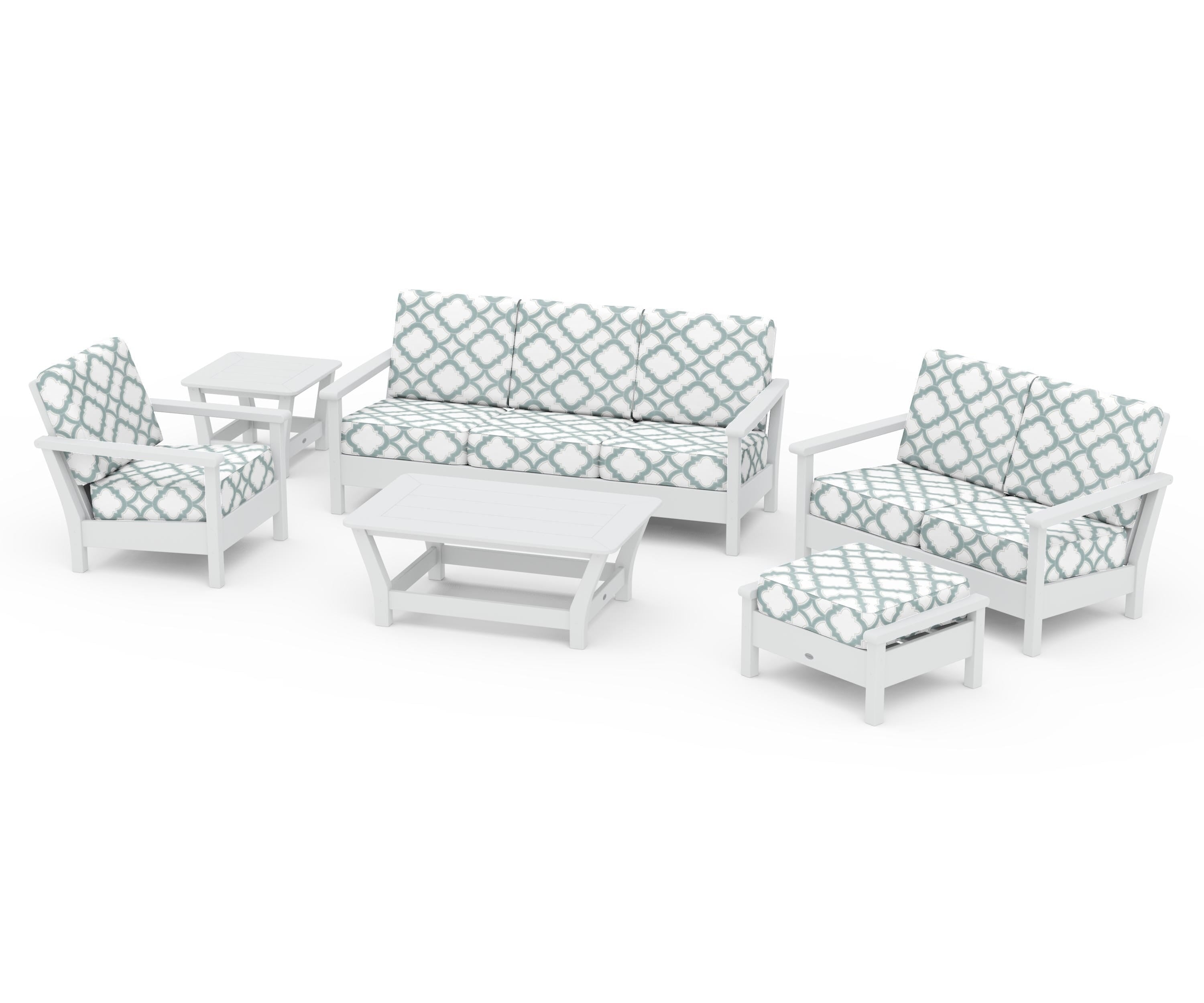 POLYWOOD® Harbour 6-Piece Outdoor Living Set in White / Trellis Glacier Spa