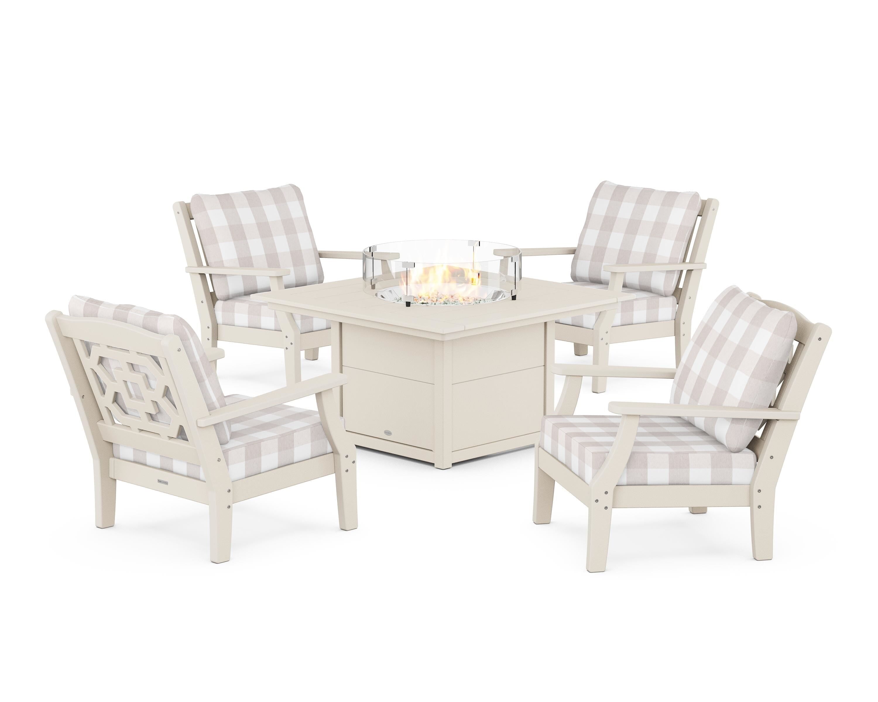 Martha Stewart by POLYWOOD® Chinoiserie 5-Piece Deep Seating Set with Fire Pit Table in Sand / Buffalo Plaid Dune Burlap