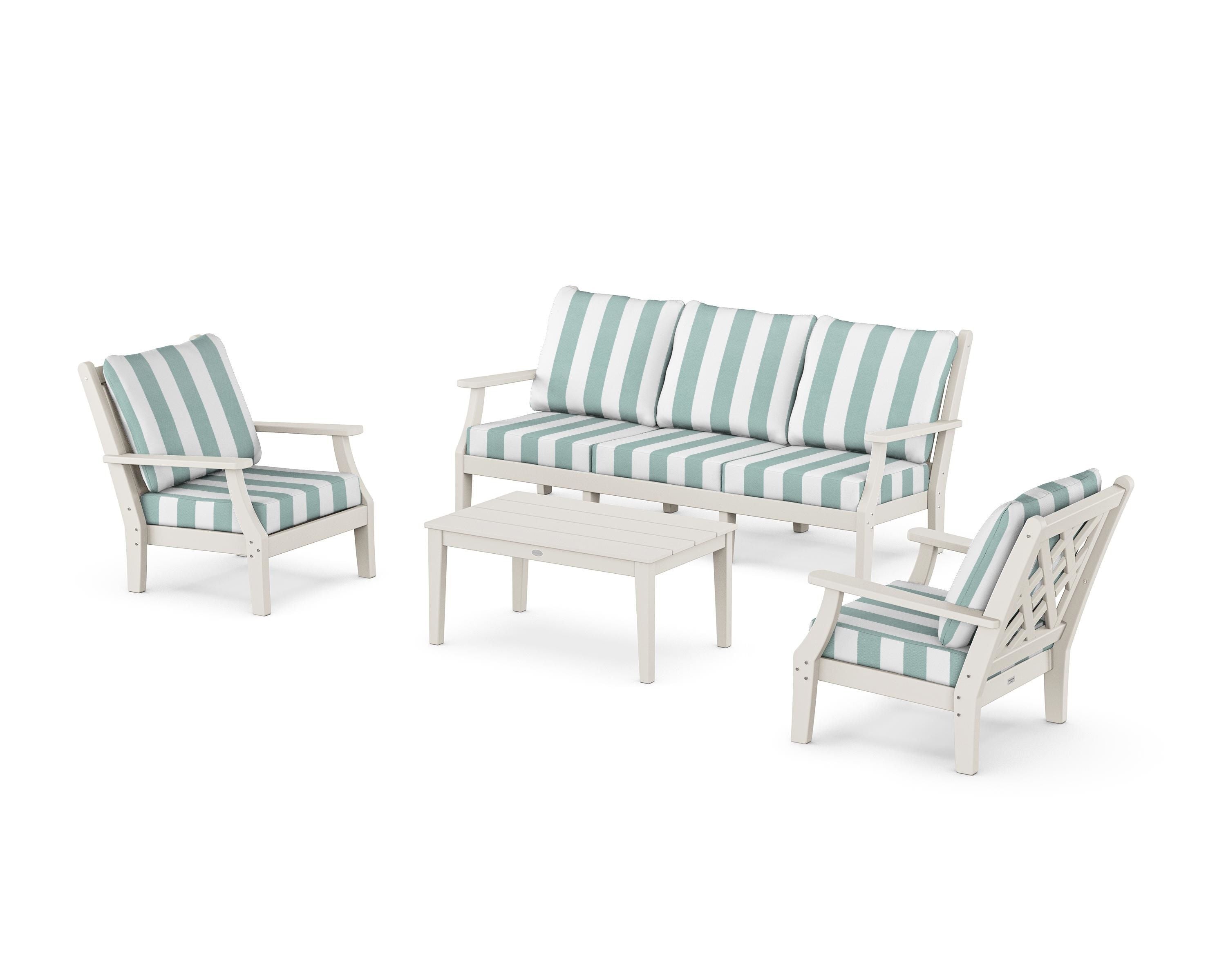 Country Living Wovendale 4-Piece Deep Seating Set with Sofa in Sand / Cabana Stripe Glacier Spa