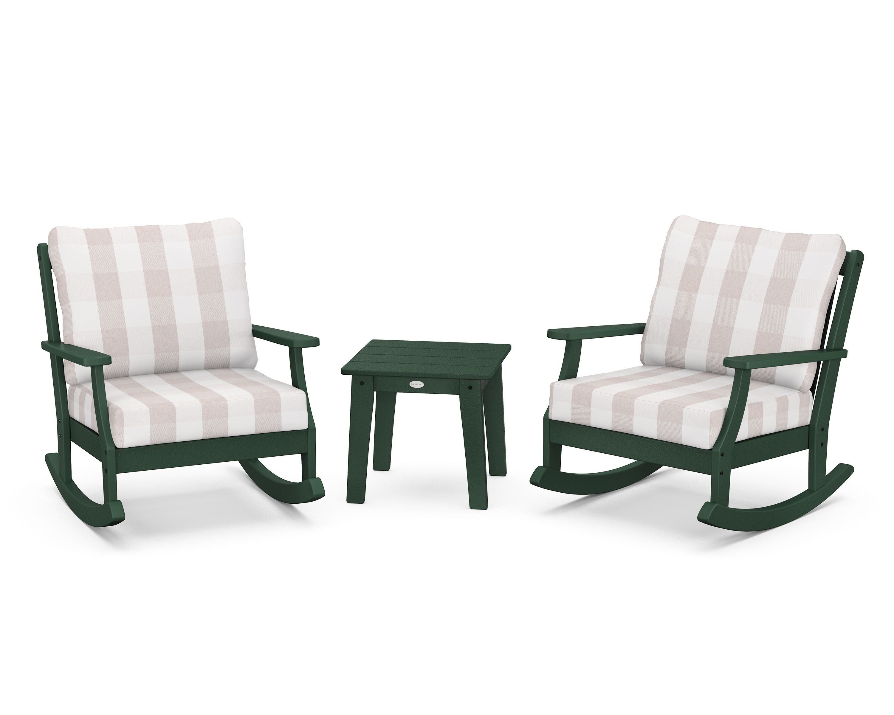 POLYWOOD® Braxton 3-Piece Deep Seating Rocker Set in Green / Buffalo Plaid Dune Burlap