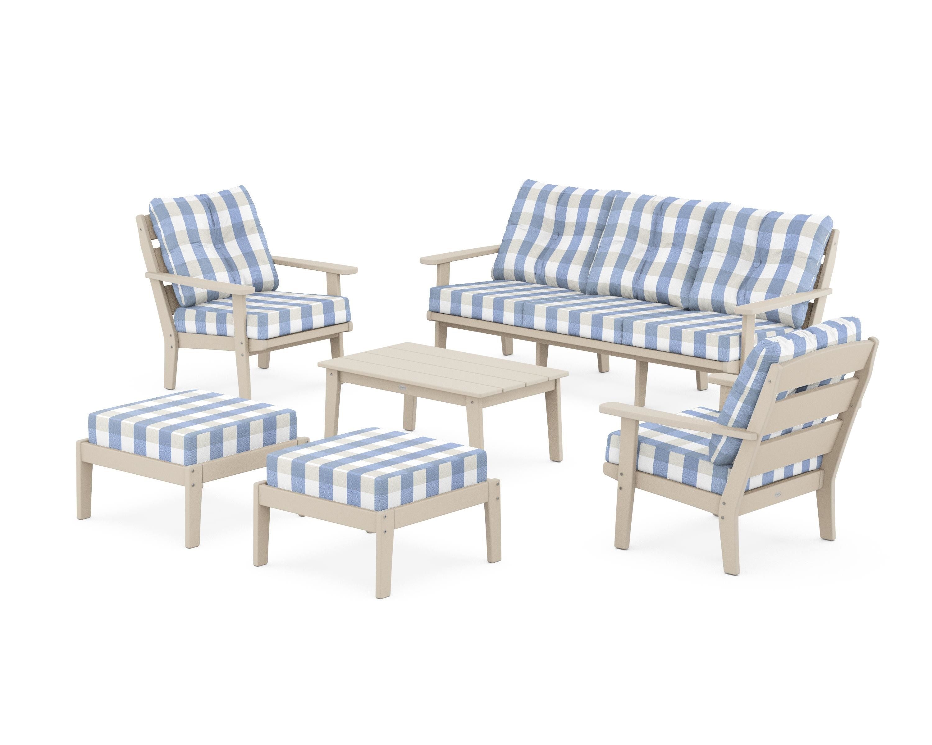 POLYWOOD® Lakeside 6-Piece Lounge Sofa Set in Sand / Buffalo Plaid Sky Blue
