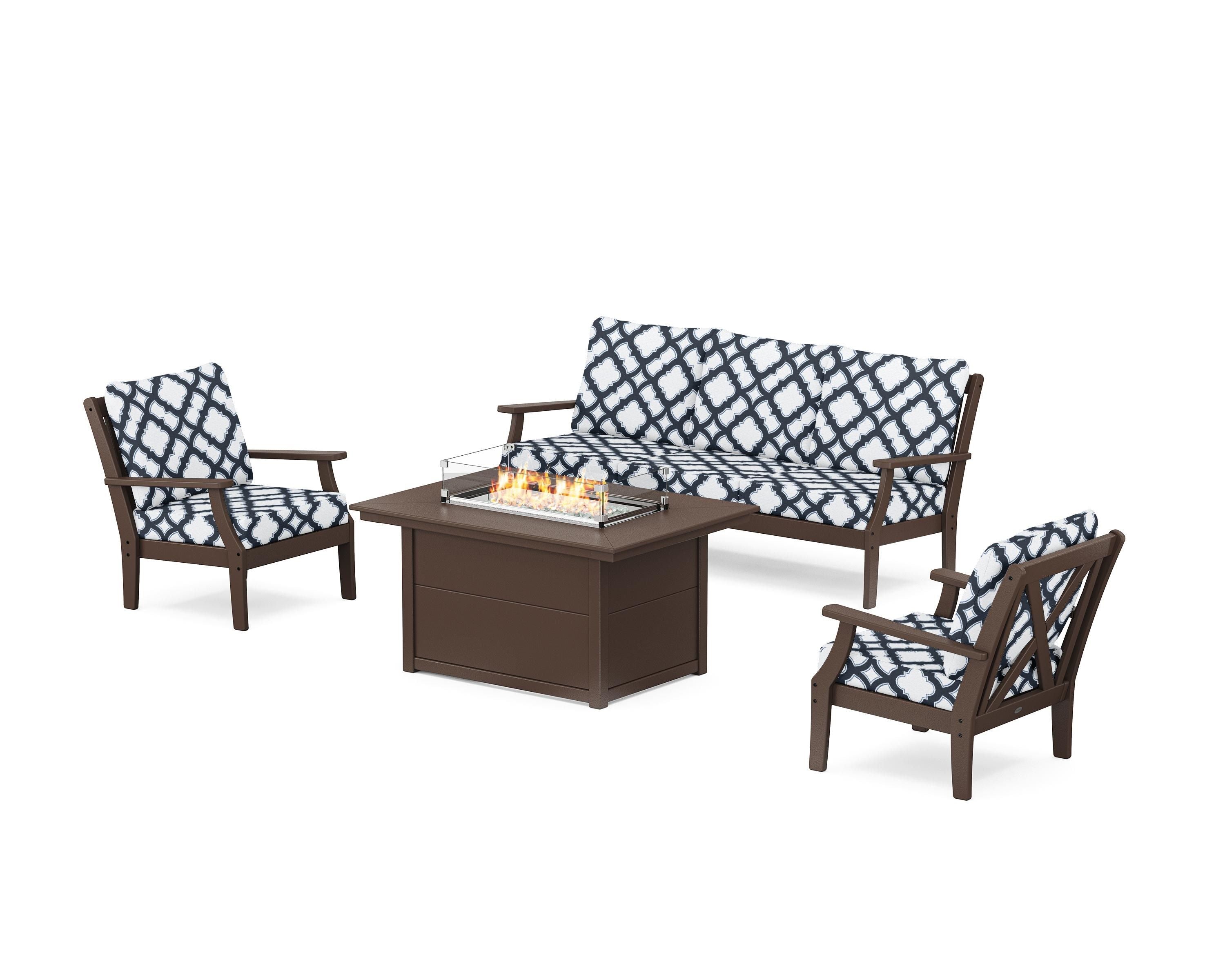 POLYWOOD® Braxton Deep Seating Fire Pit Table Set in Mahogany / Trellis Marine Indigo