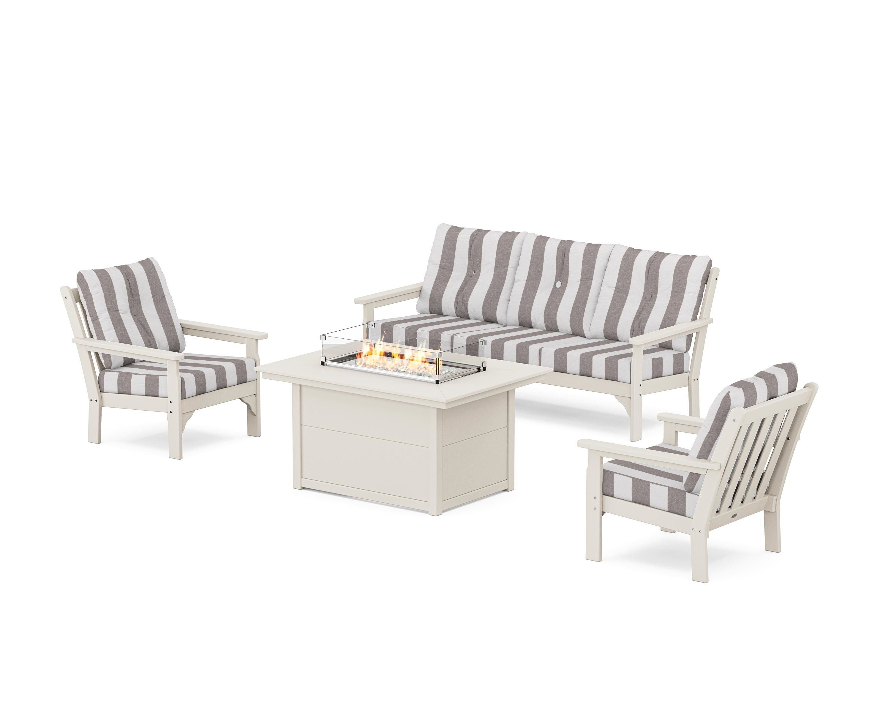 POLYWOOD® Vineyard Deep Seating Fire Pit Table Set in Sand / Cabana Stripe Grey Mist