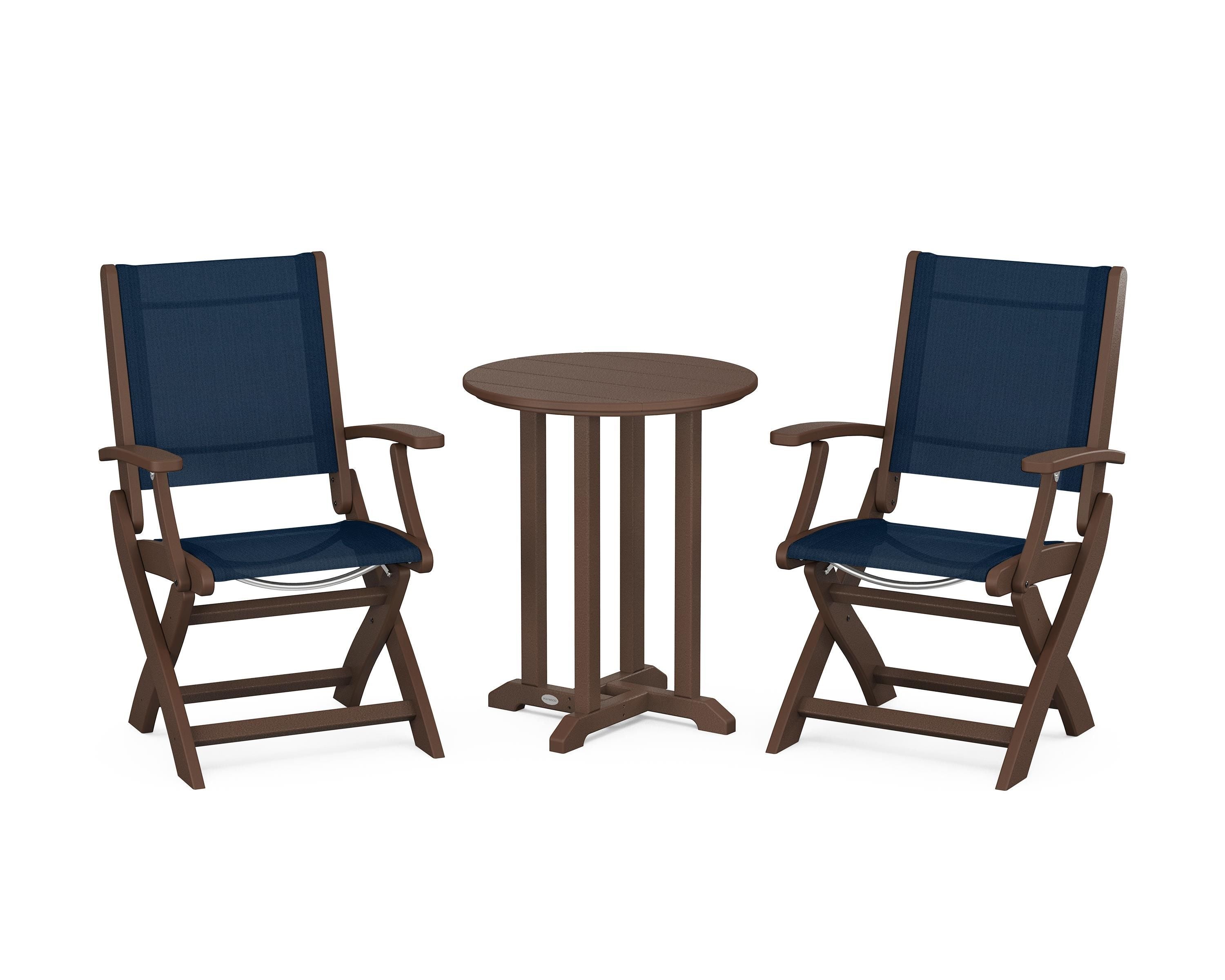 POLYWOOD® Coastal Folding 3-Piece Round Bistro Dining Set in Mahogany / Navy Blue Sling