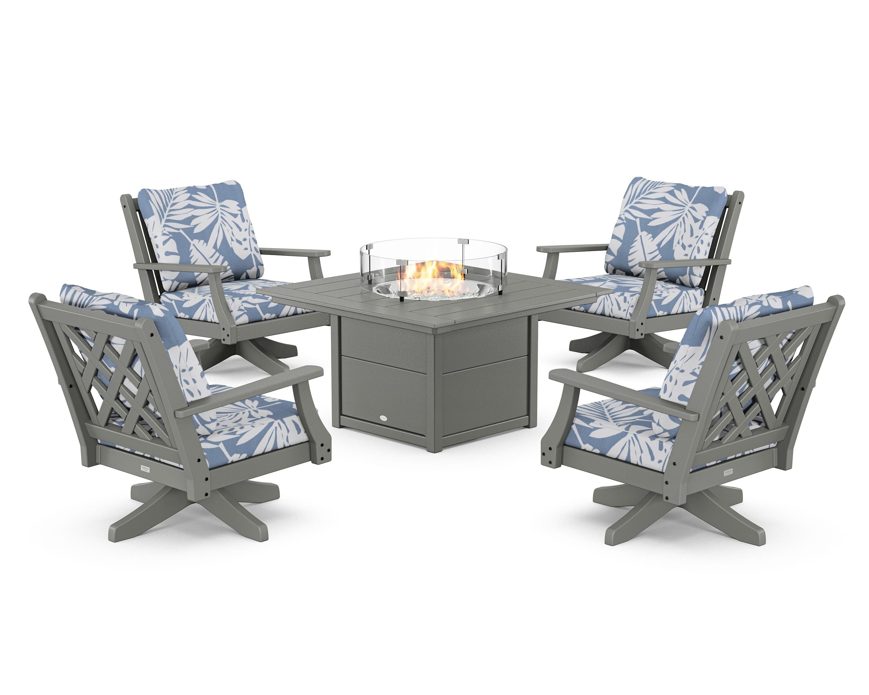 Country Living Wovendale 5-Piece Deep Seating Swivel Conversation Set with Fire Pit Table in Slate Grey / Leaf Sky Blue