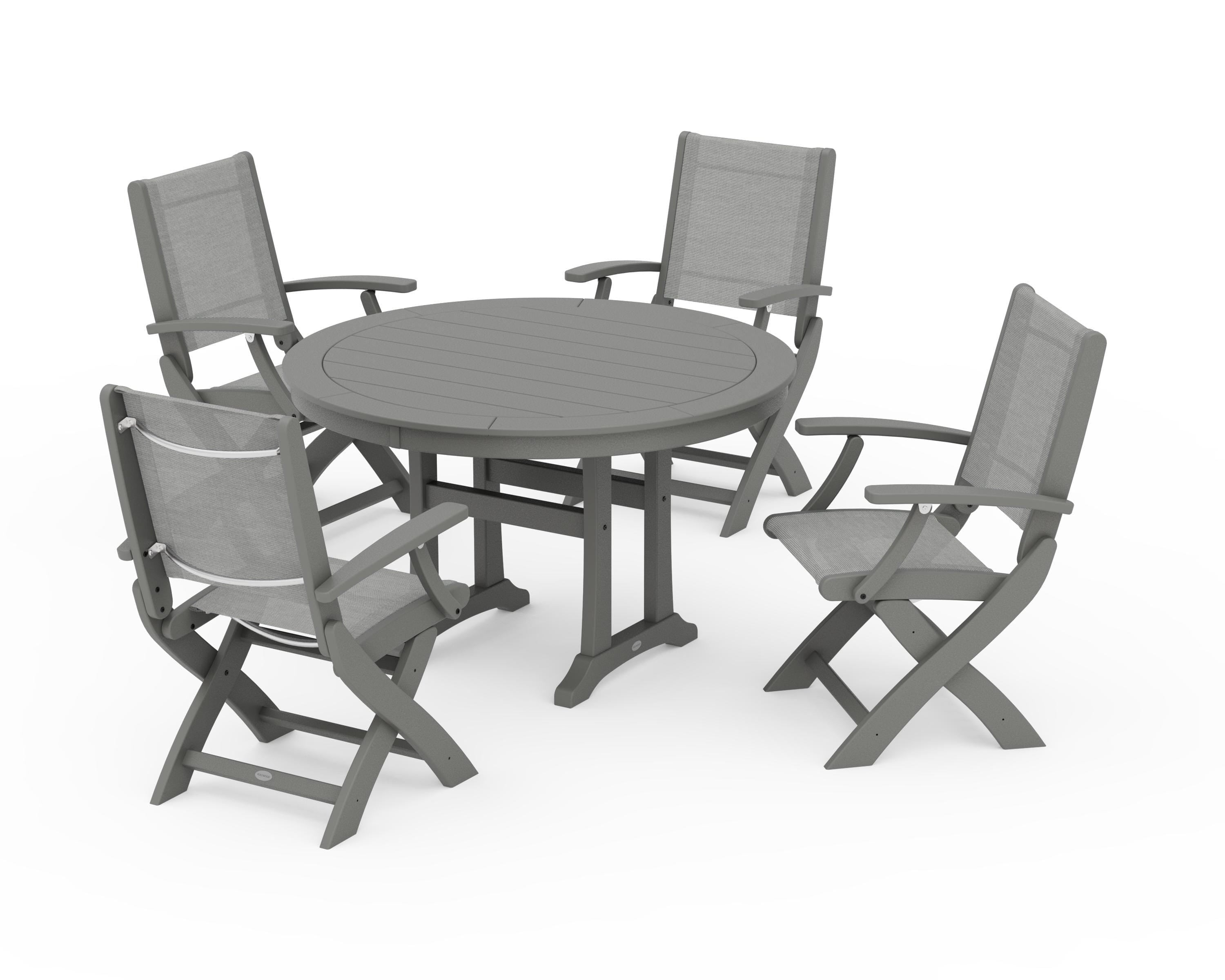 POLYWOOD® Coastal Folding Chair 5-Piece Round Dining Set with Trestle Legs in Slate Grey / Metallic Sling