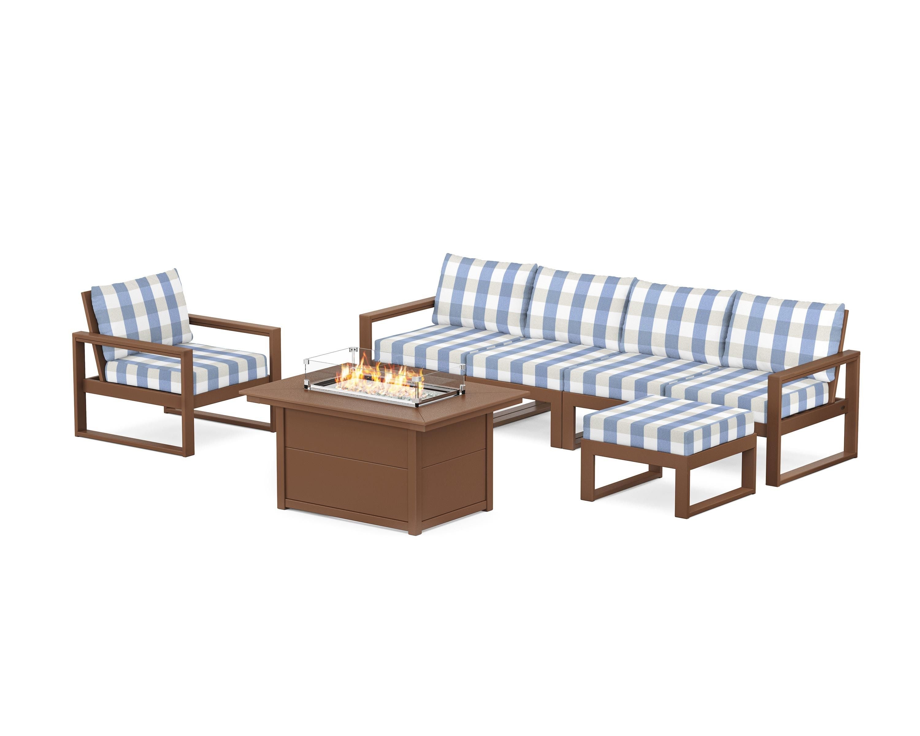 POLYWOOD® EDGE Sectional Lounge and Fire Pit Set in Teak / Buffalo Plaid Sky Blue