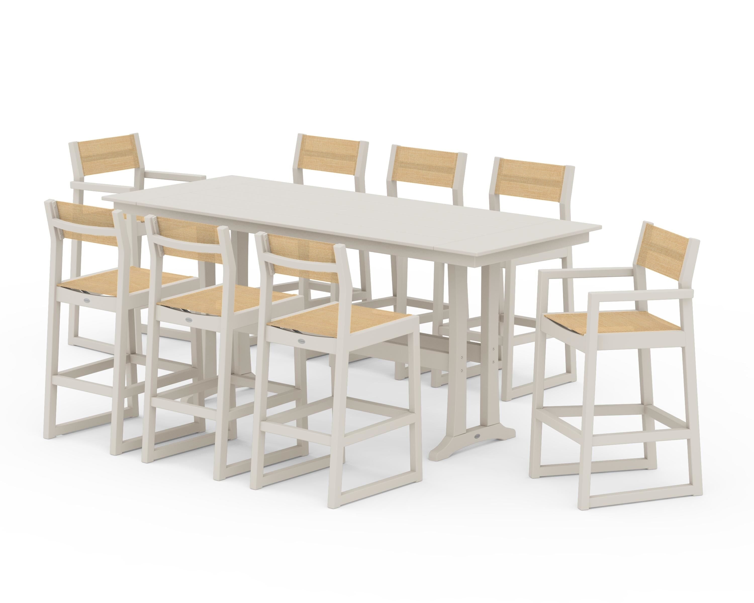 POLYWOOD® EDGE Sling 9-Piece Farmhouse Bar Set with Trestle Legs in Sand / Dupioni Apricot Sling