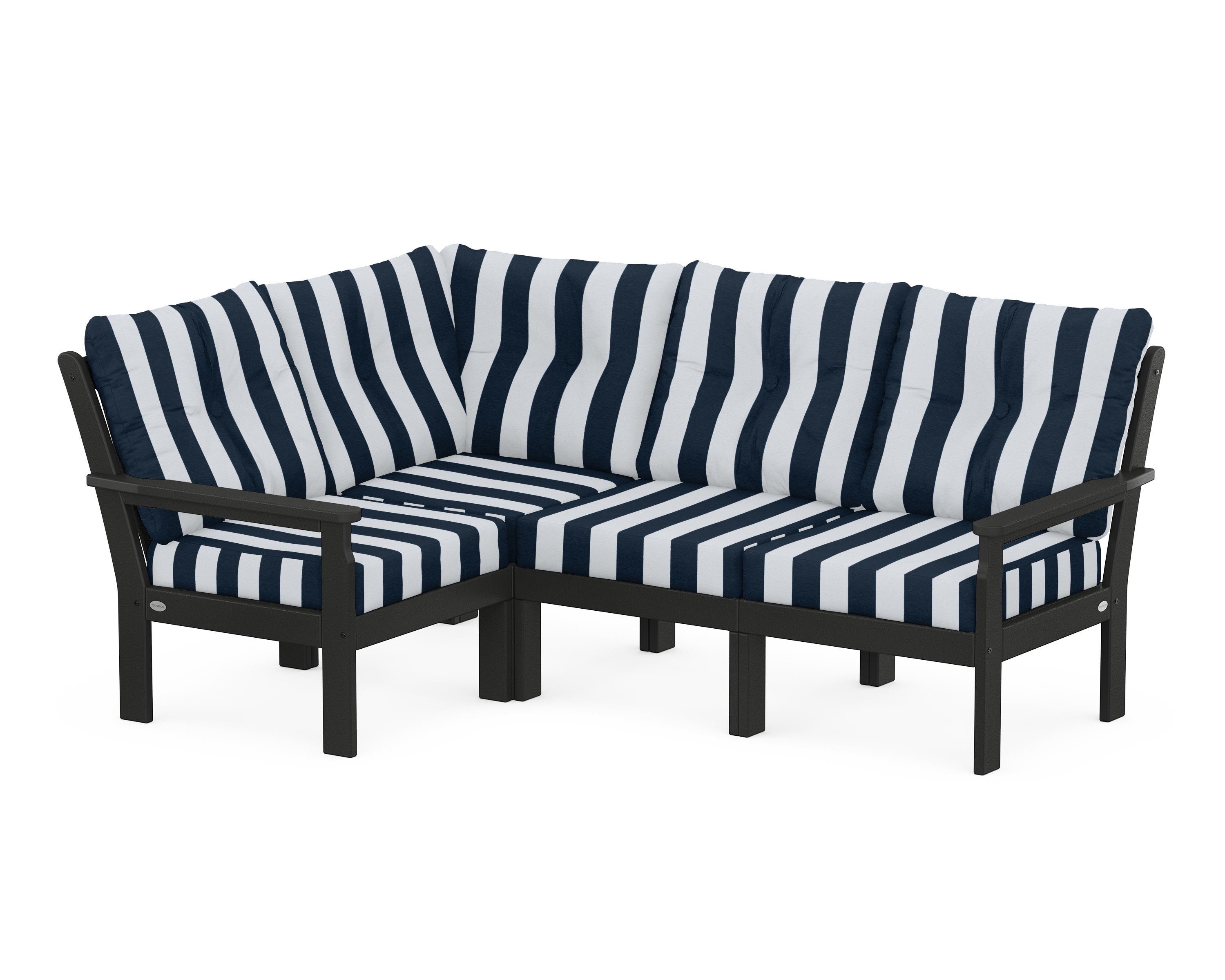 POLYWOOD® Vineyard 4-Piece Sectional in Black / Cabana Stripe Marine Indigo