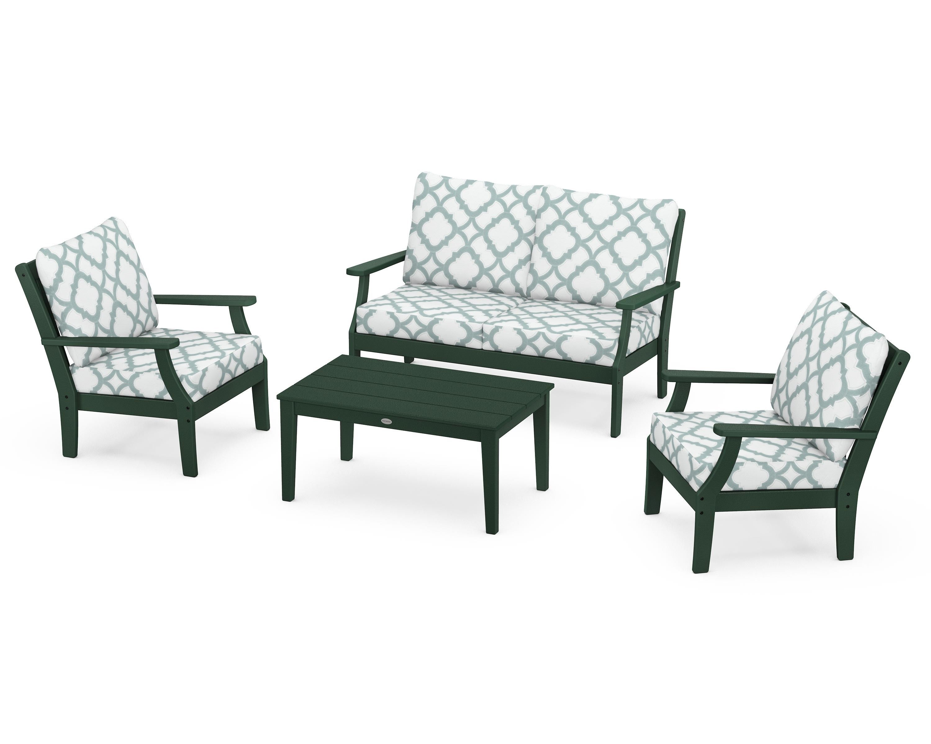 POLYWOOD® Braxton 4-Piece Deep Seating Chair Set in Green / Trellis Glacier Spa