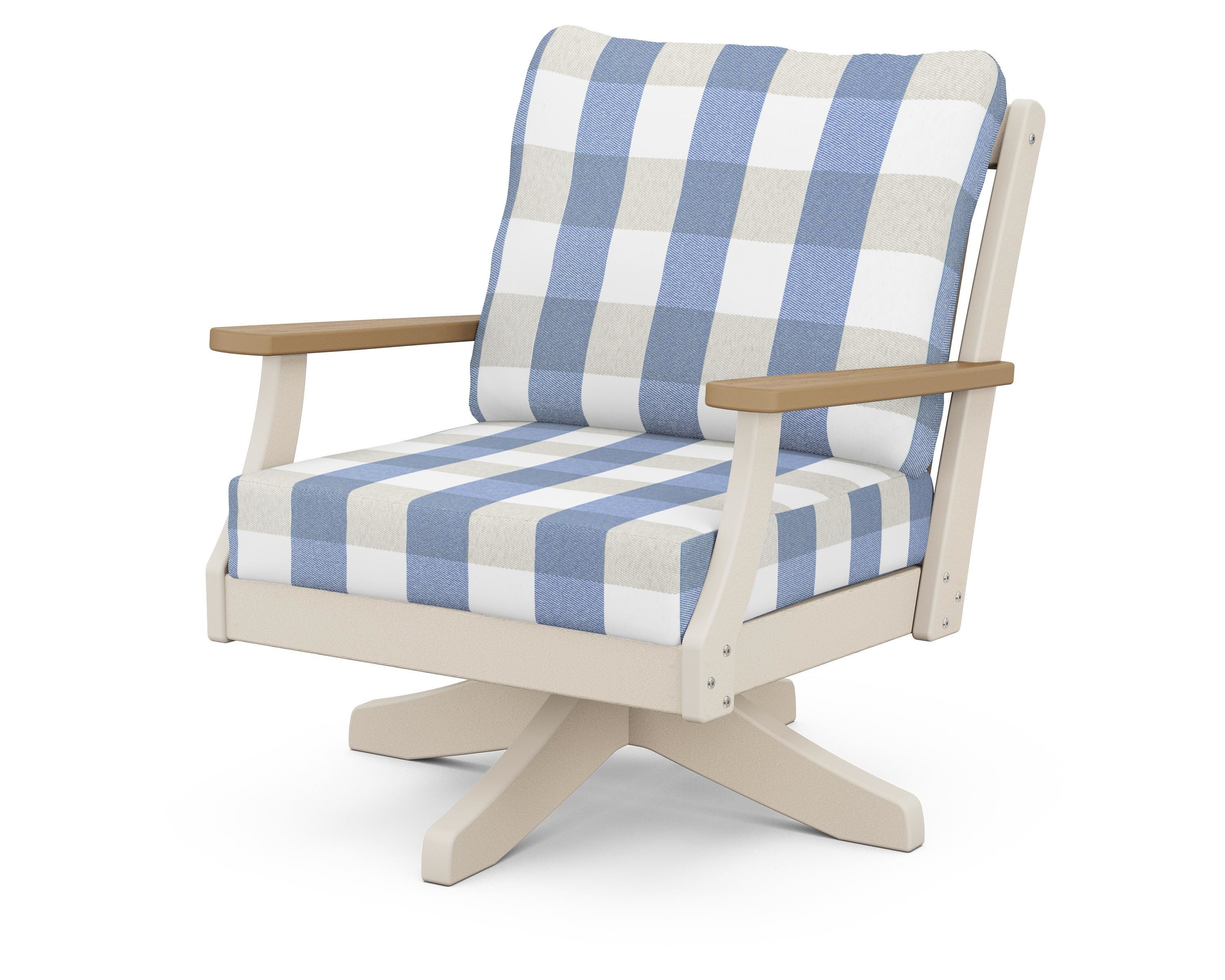 POLYWOOD® Braxton Deep Seating Swivel Chair in Sand / Natural / Buffalo Plaid Sky Blue