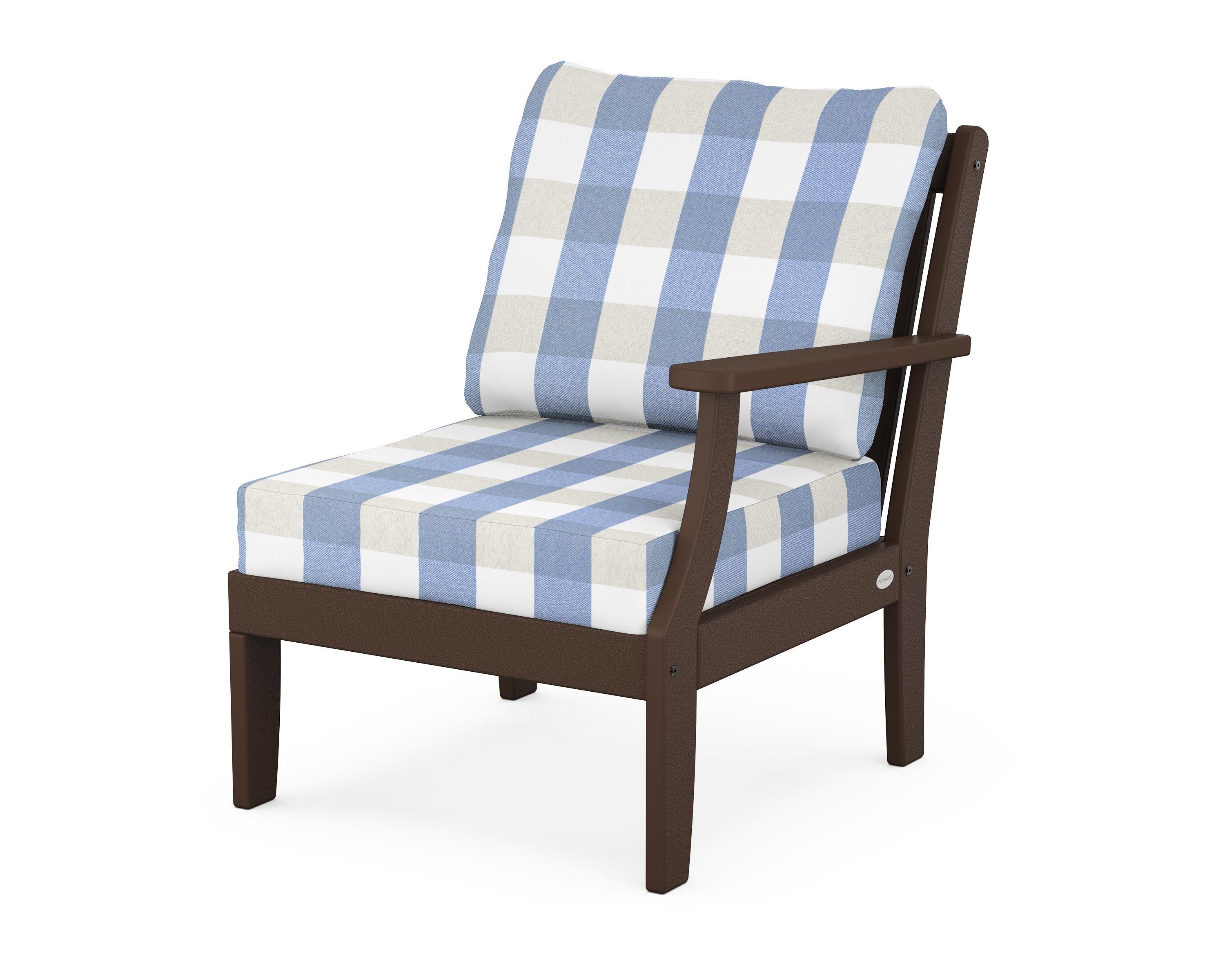 POLYWOOD® Braxton Modular Right Arm Chair in Mahogany / Buffalo Plaid Sky Blue