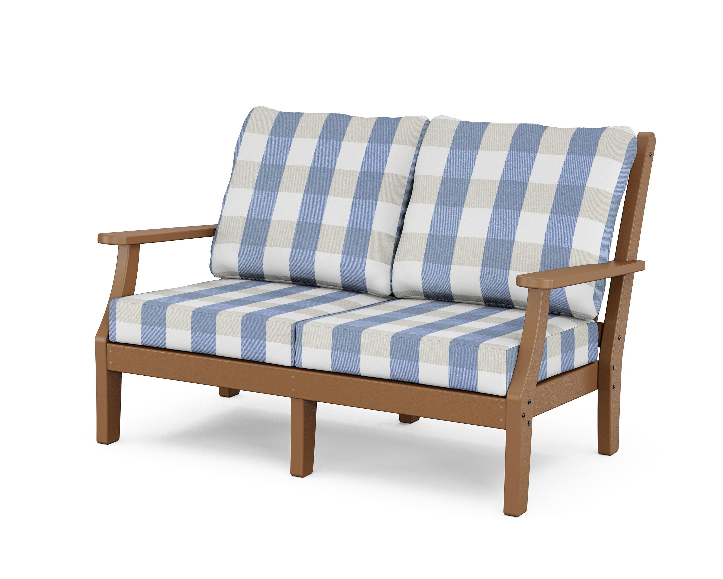 Country Living Wovendale Deep Seating Loveseat in Teak / Buffalo Plaid Sky Blue