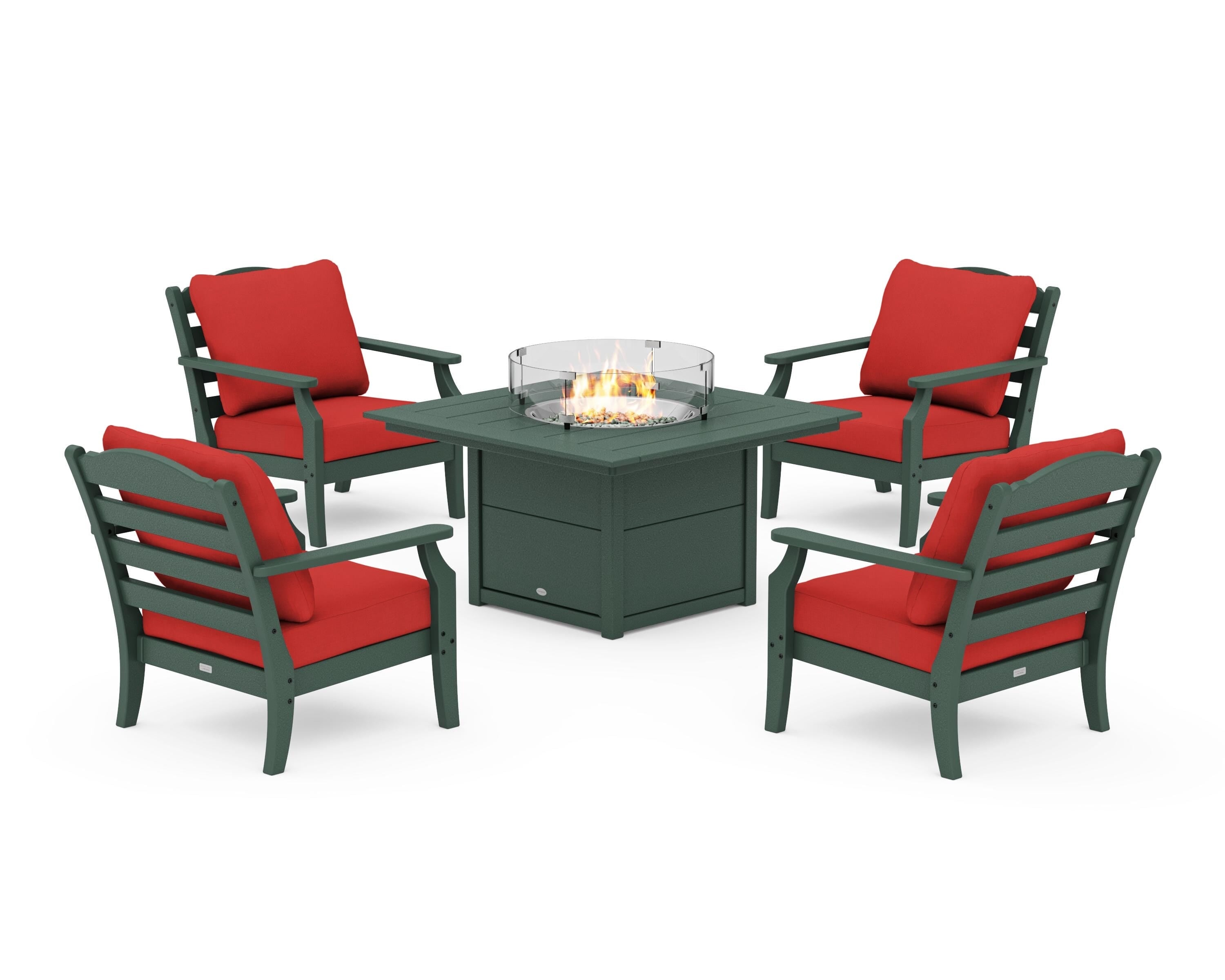 Draper James™ by POLYWOOD® Savannah 5-Piece Deep Seating Set with Fire Pit Table in Green / Crimson Linen