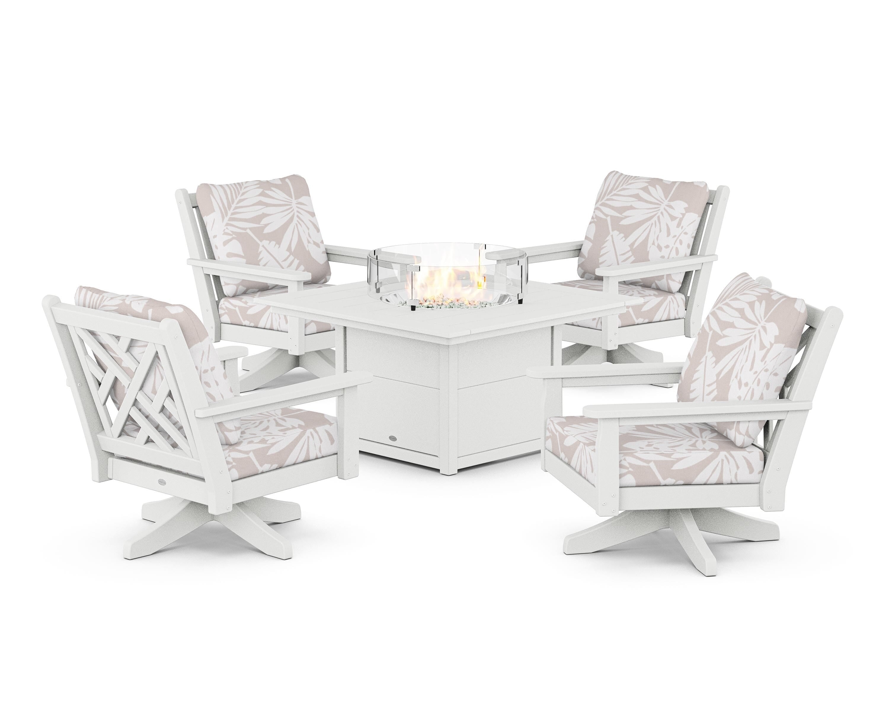 POLYWOOD® Chippendale 5-Piece Deep Seating Swivel Conversation Set with Fire Pit Table in White / Leaf Dune Burlap