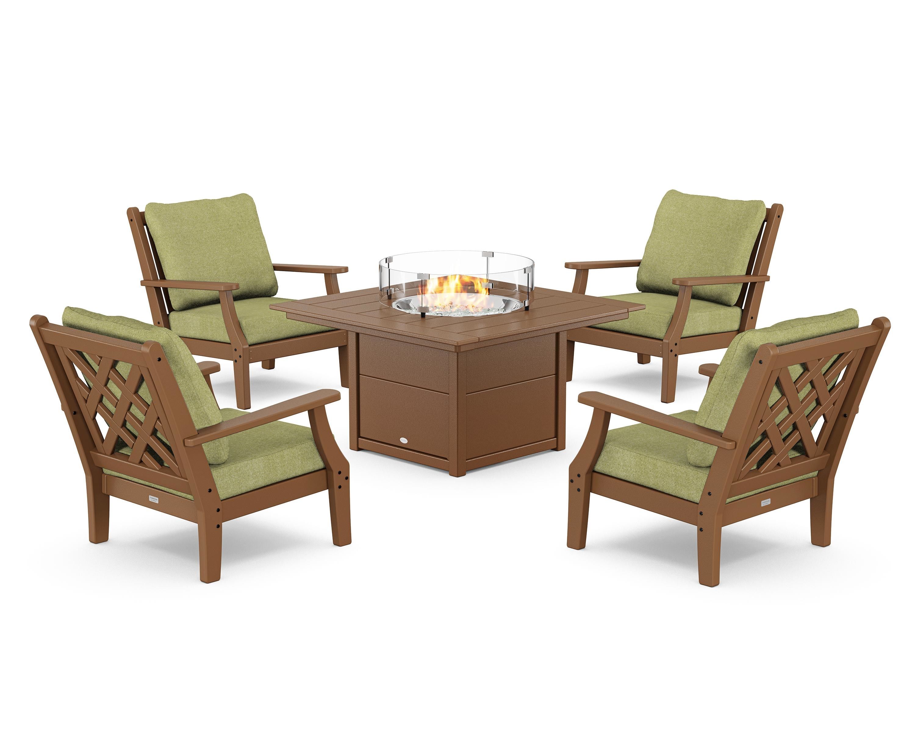 Country Living Wovendale 5-Piece Deep Seating Set with Fire Pit Table in Teak / Chartreuse Boucle