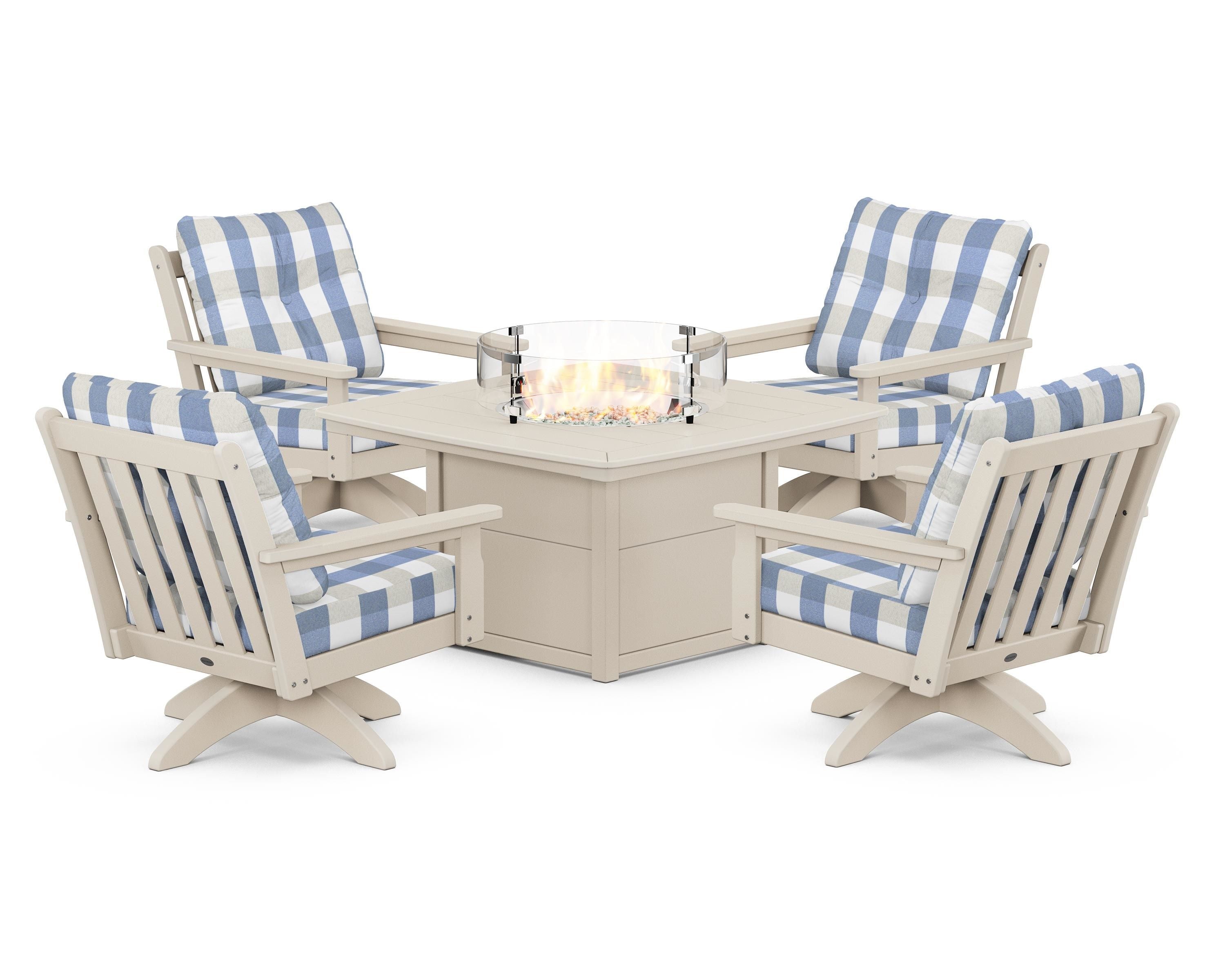 POLYWOOD® Vineyard 5-Piece Deep Seating Swivel Conversation Set with Fire Pit Table in Sand / Buffalo Plaid Sky Blue