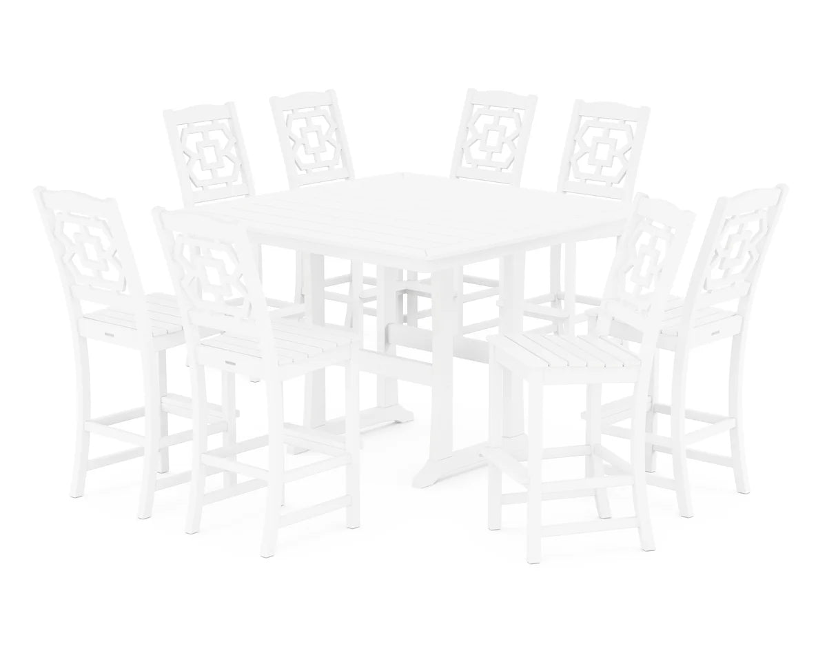 Chinoiserie 9-Piece Square Side Chair Bar Set with Trestle Legs