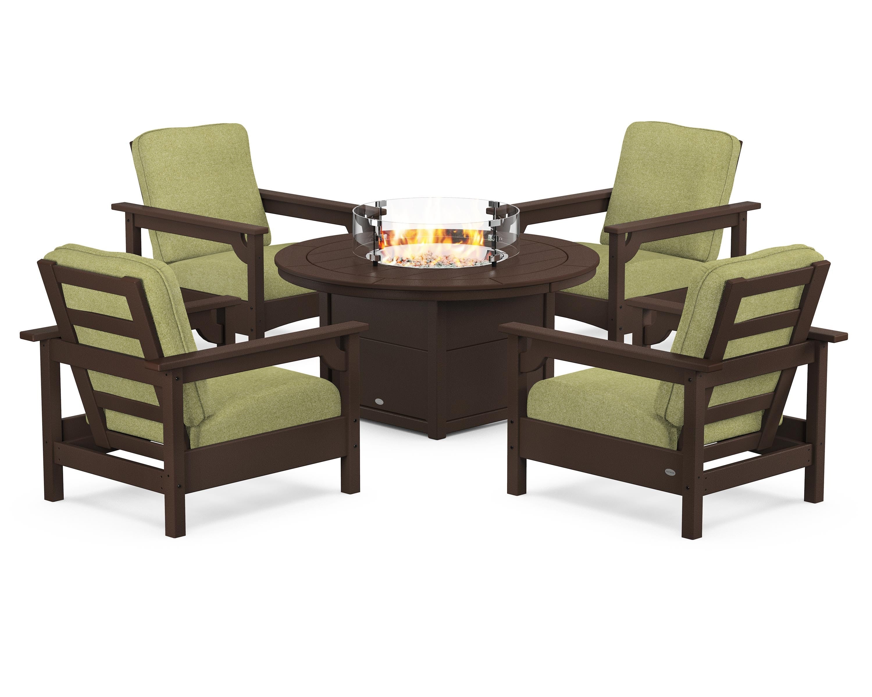 POLYWOOD® Club 5-Piece Conversation Set with Fire Pit Table in Mahogany / Chartreuse Boucle