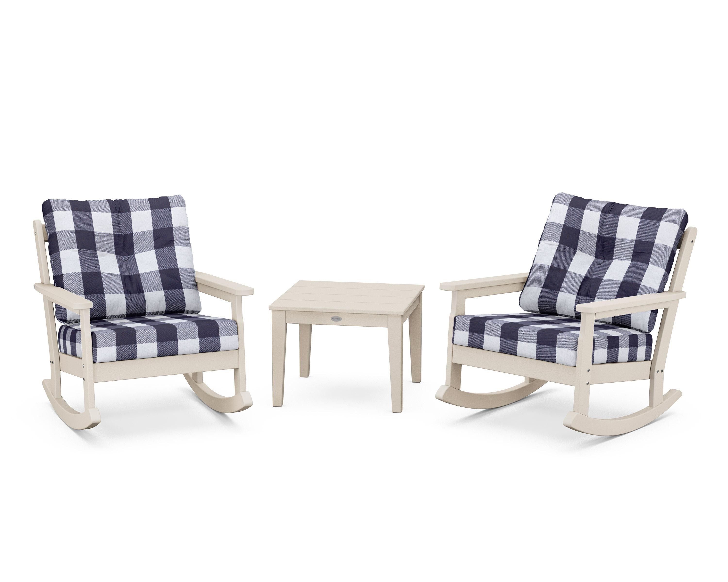 POLYWOOD® Vineyard 3-Piece Deep Seating Rocker Set in Sand / Buffalo Plaid Navy