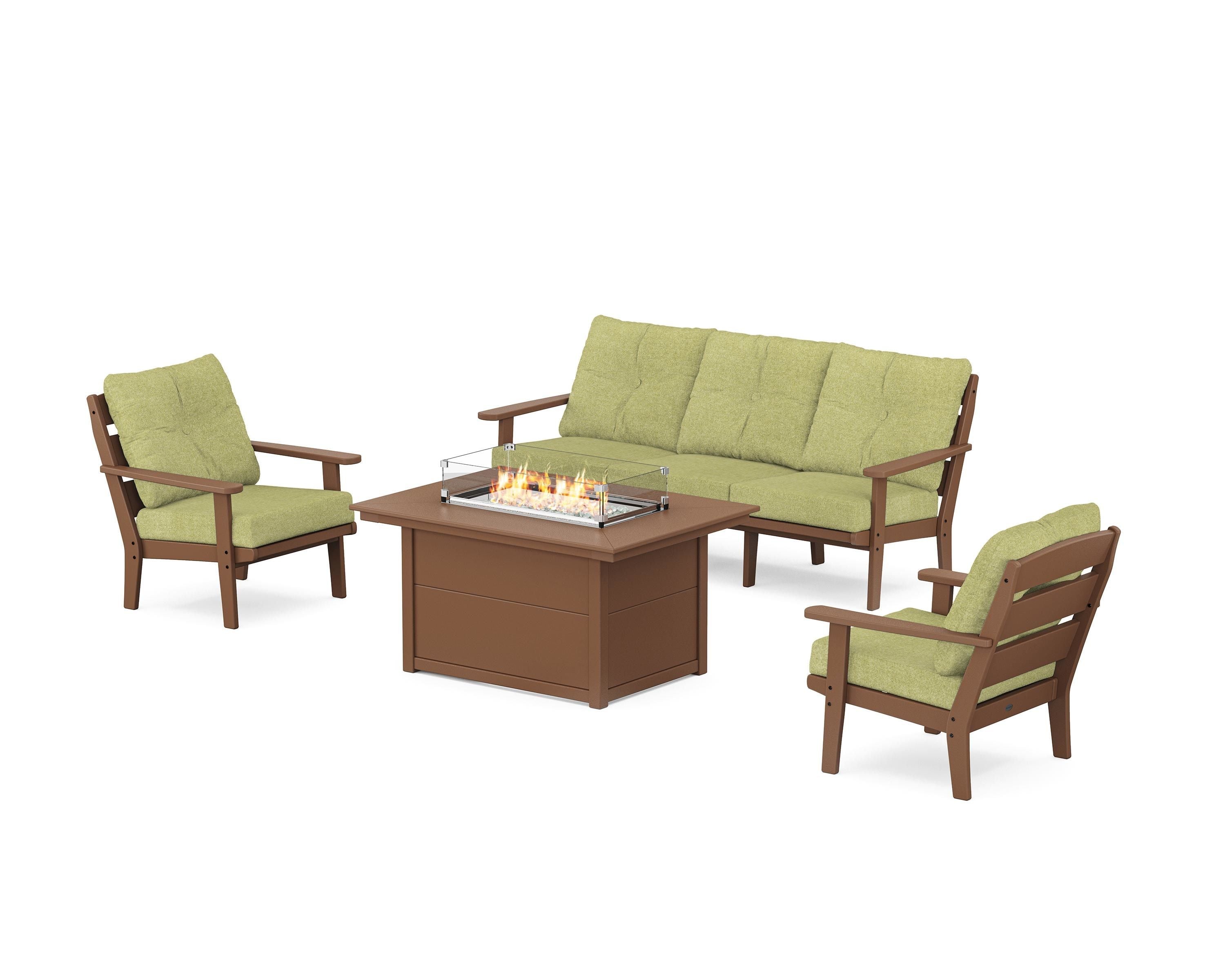 POLYWOOD® Lakeside Deep Seating Fire Pit Table Set in Teak / Chartreuse Boucle