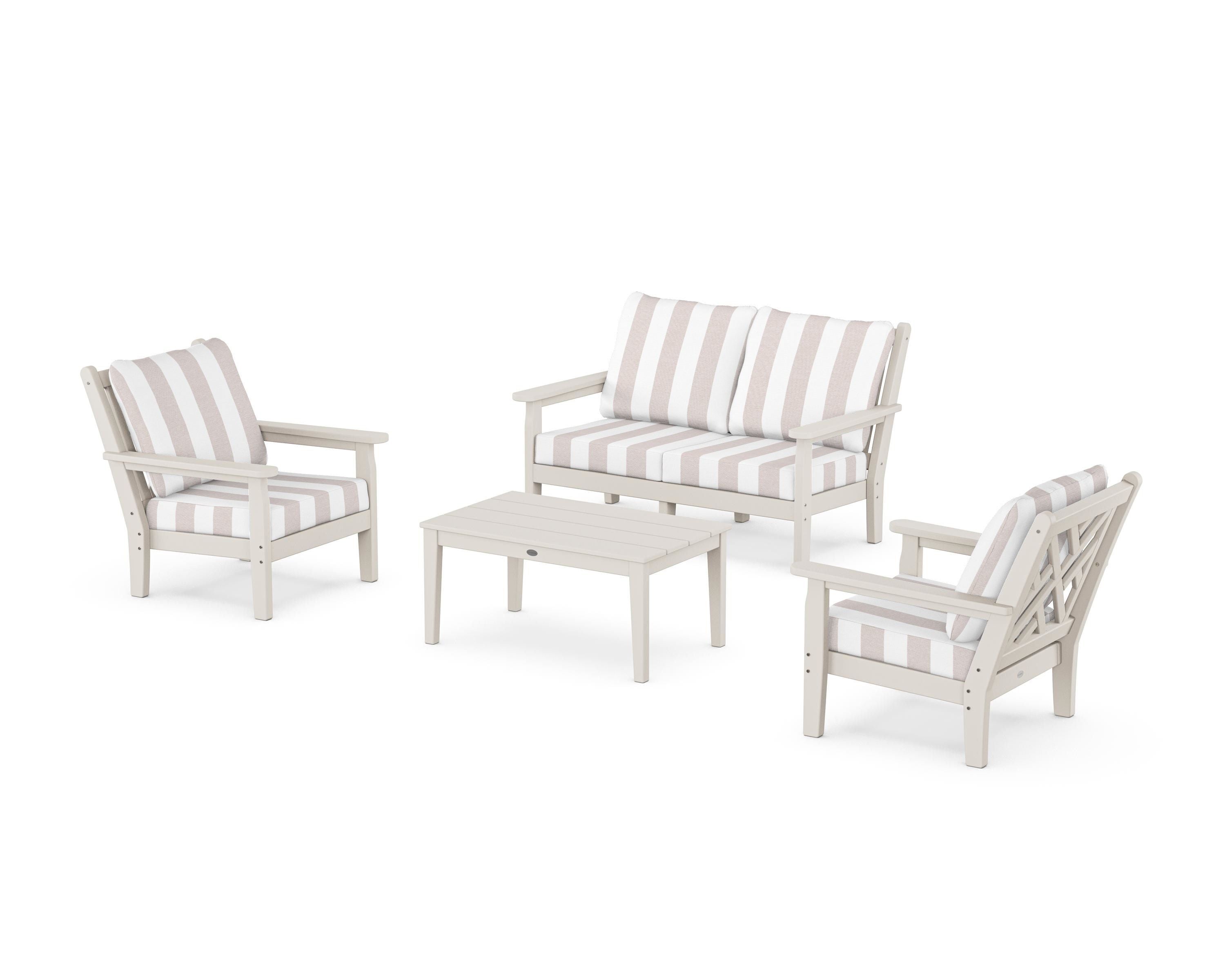 POLYWOOD® Chippendale 4-Piece Deep Seating Set with Loveseat in Sand / Cabana Stripe Dune Burlap