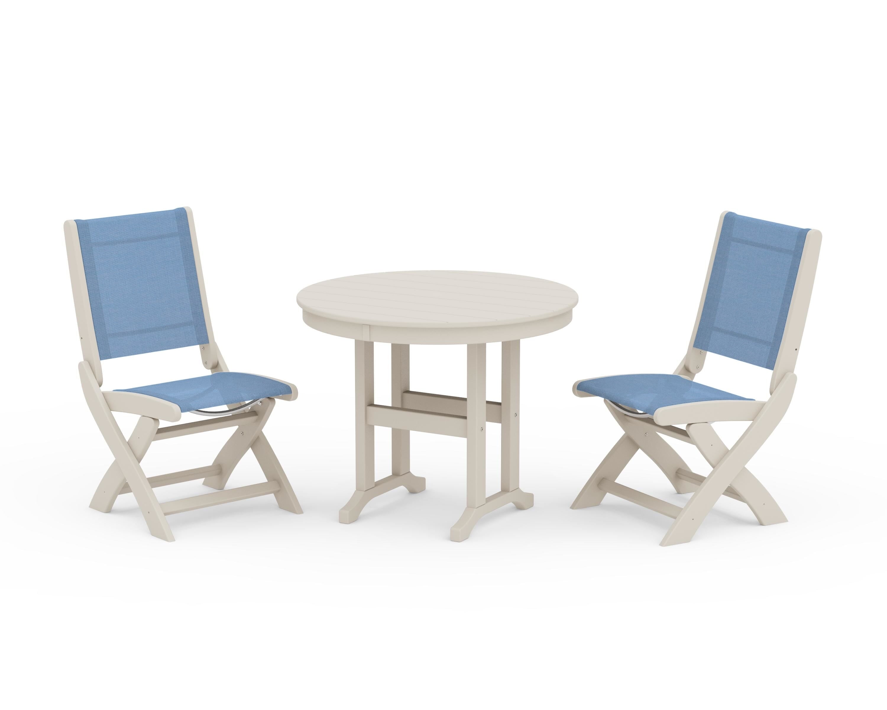 POLYWOOD® Coastal Folding Side Chair 3-Piece Round Dining Set in Sand / Poolside Sling