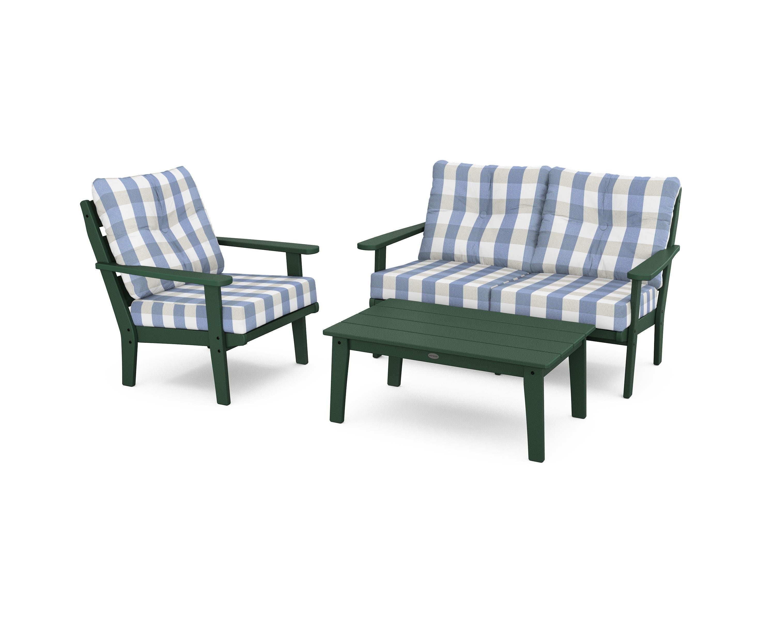 POLYWOOD® Lakeside 3-Piece Deep Seating Set in Green / Buffalo Plaid Sky Blue