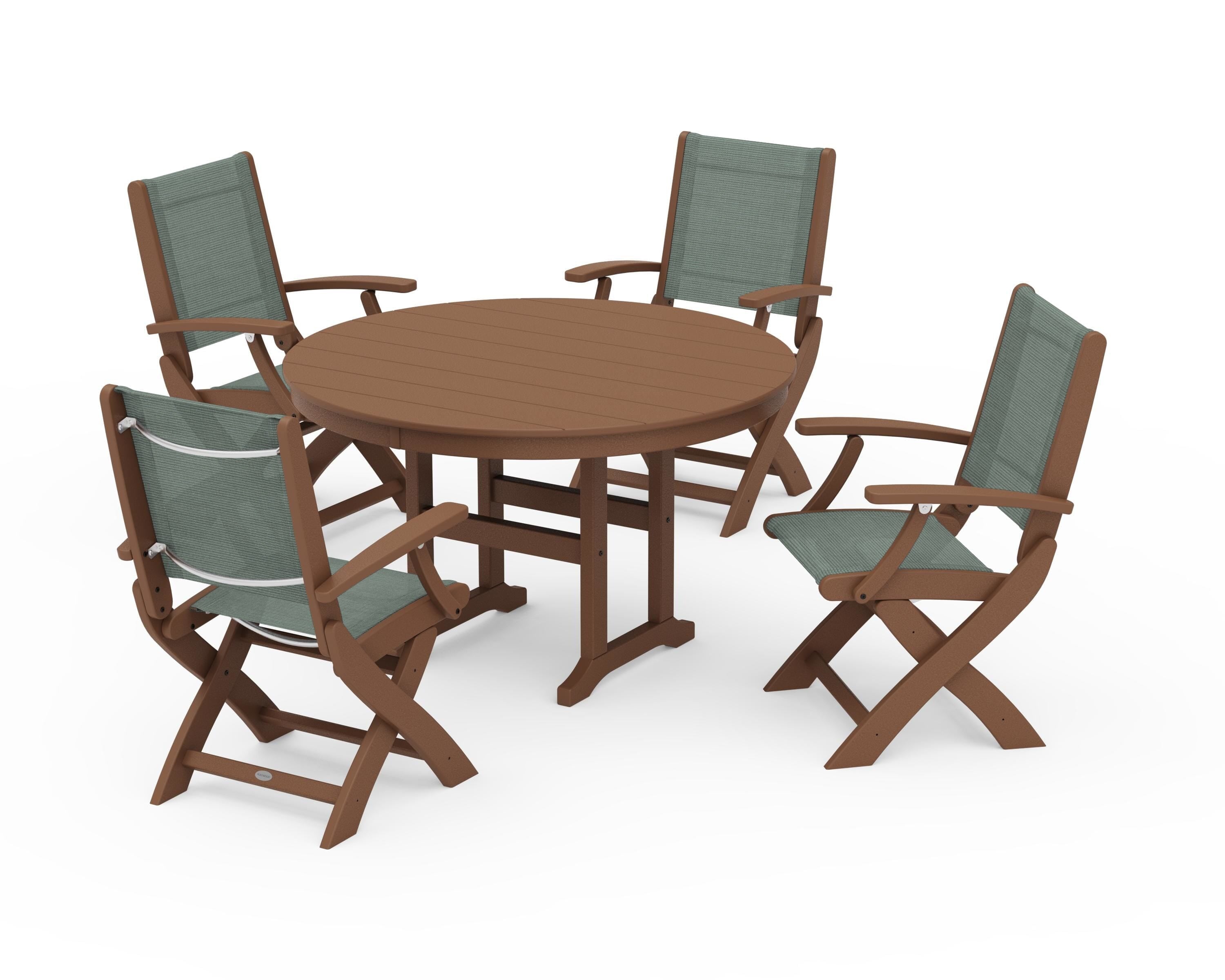 POLYWOOD® Coastal Folding Chair 5-Piece Round Dining Set in Teak / Dupioni Sea Mist Sling