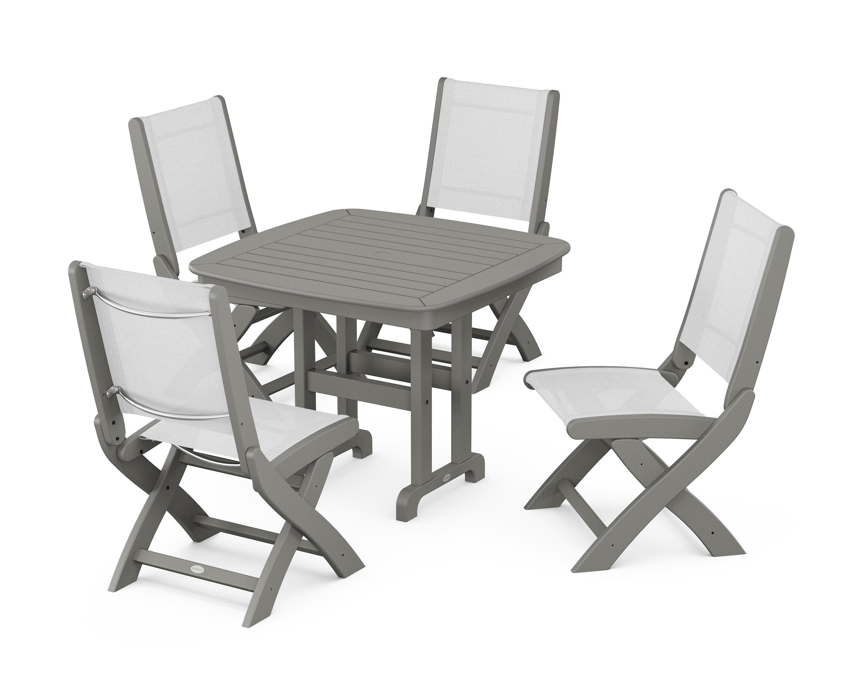 POLYWOOD® Coastal Folding Side Chair 5-Piece Dining Set in Slate Grey / White Sling
