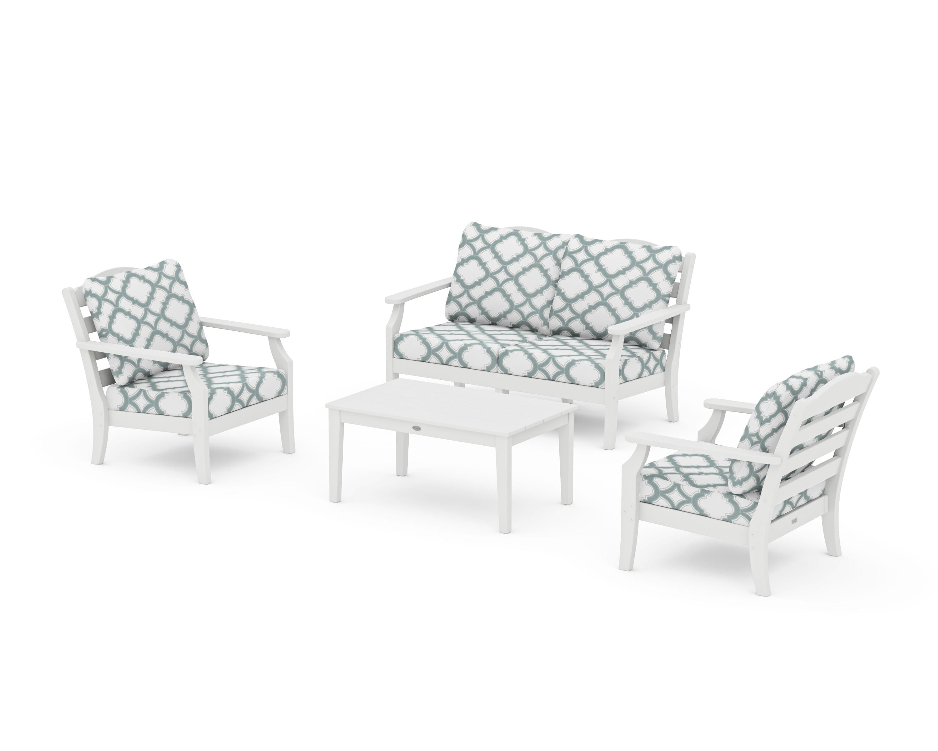 Draper James™ by POLYWOOD® Savannah 4-Piece Deep Seating Set with Loveseat in White / Trellis Glacier Spa