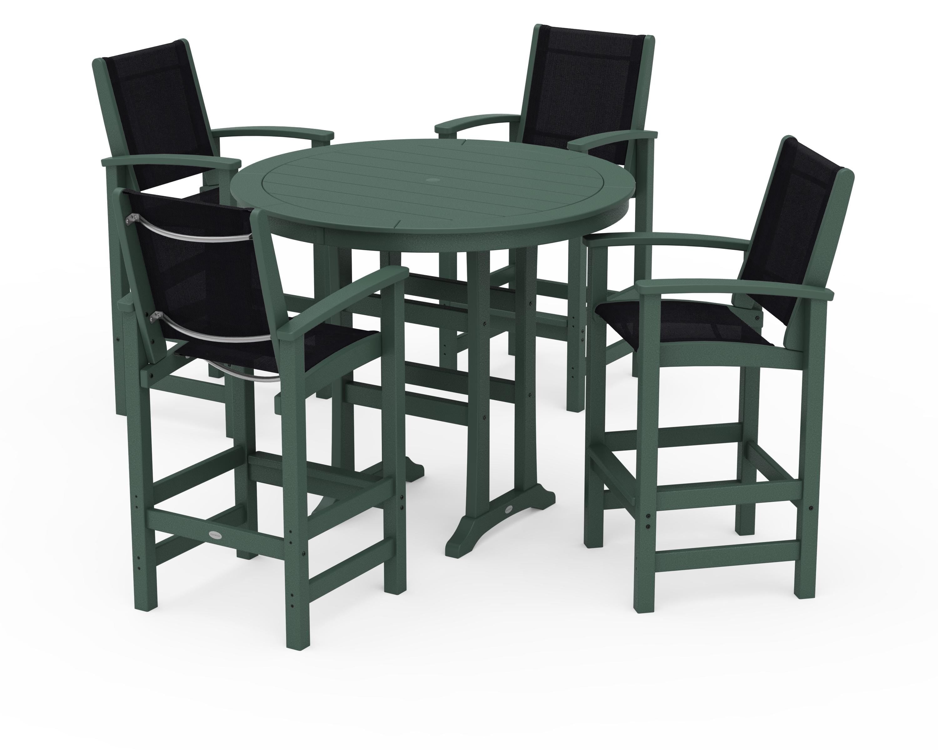 POLYWOOD® Coastal 5-Piece Nautical Trestle Bar Set in Green / Black Sling