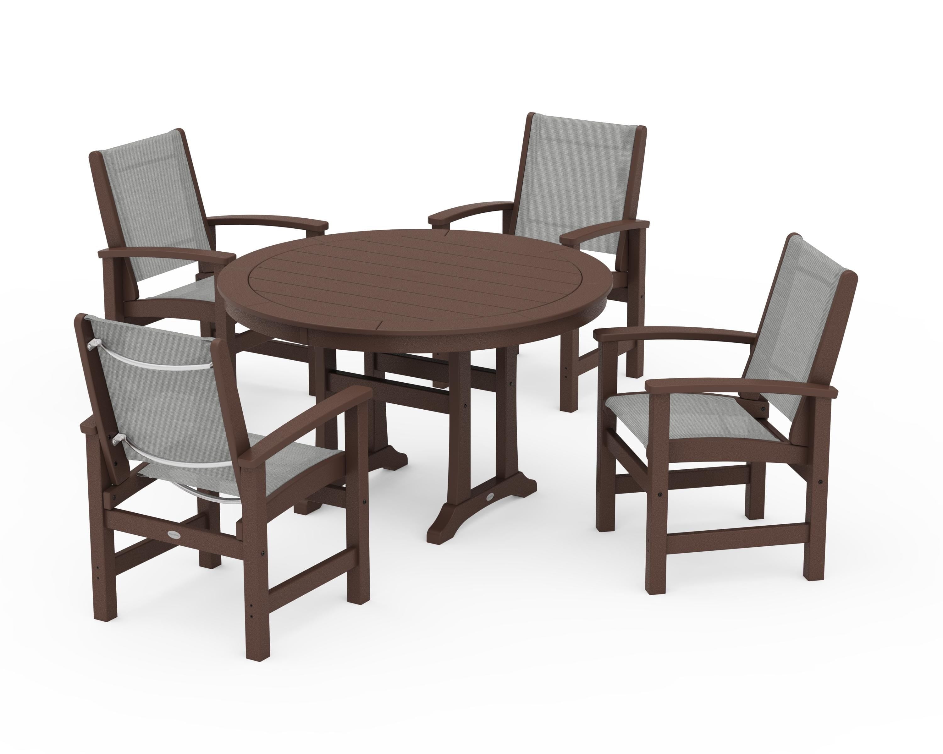 POLYWOOD® Coastal 5-Piece Round Dining Set with Trestle Legs in Mahogany / Metallic Sling