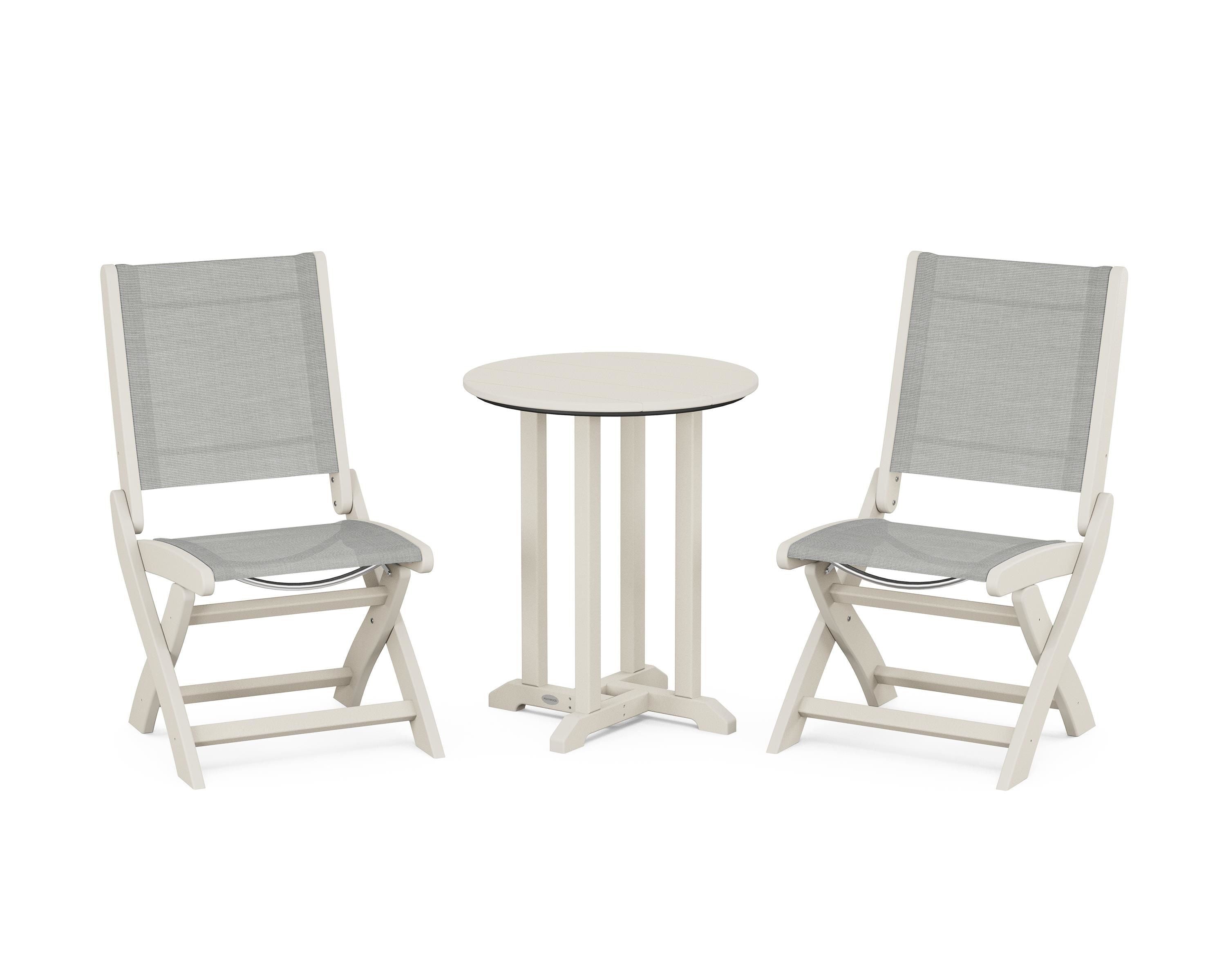 POLYWOOD® Coastal Folding Side Chair 3-Piece Round Bistro Dining Set in Sand / Metallic Sling